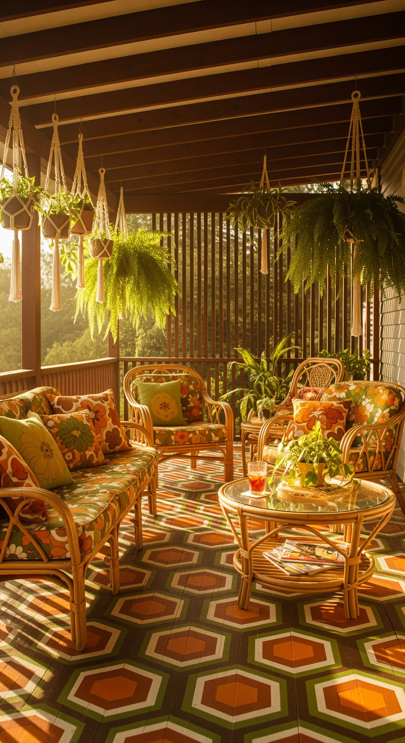 Retro-Veranda mit Rattanmöbeln, floralen Polstern, Hängepflanzen und geometrischem Boden