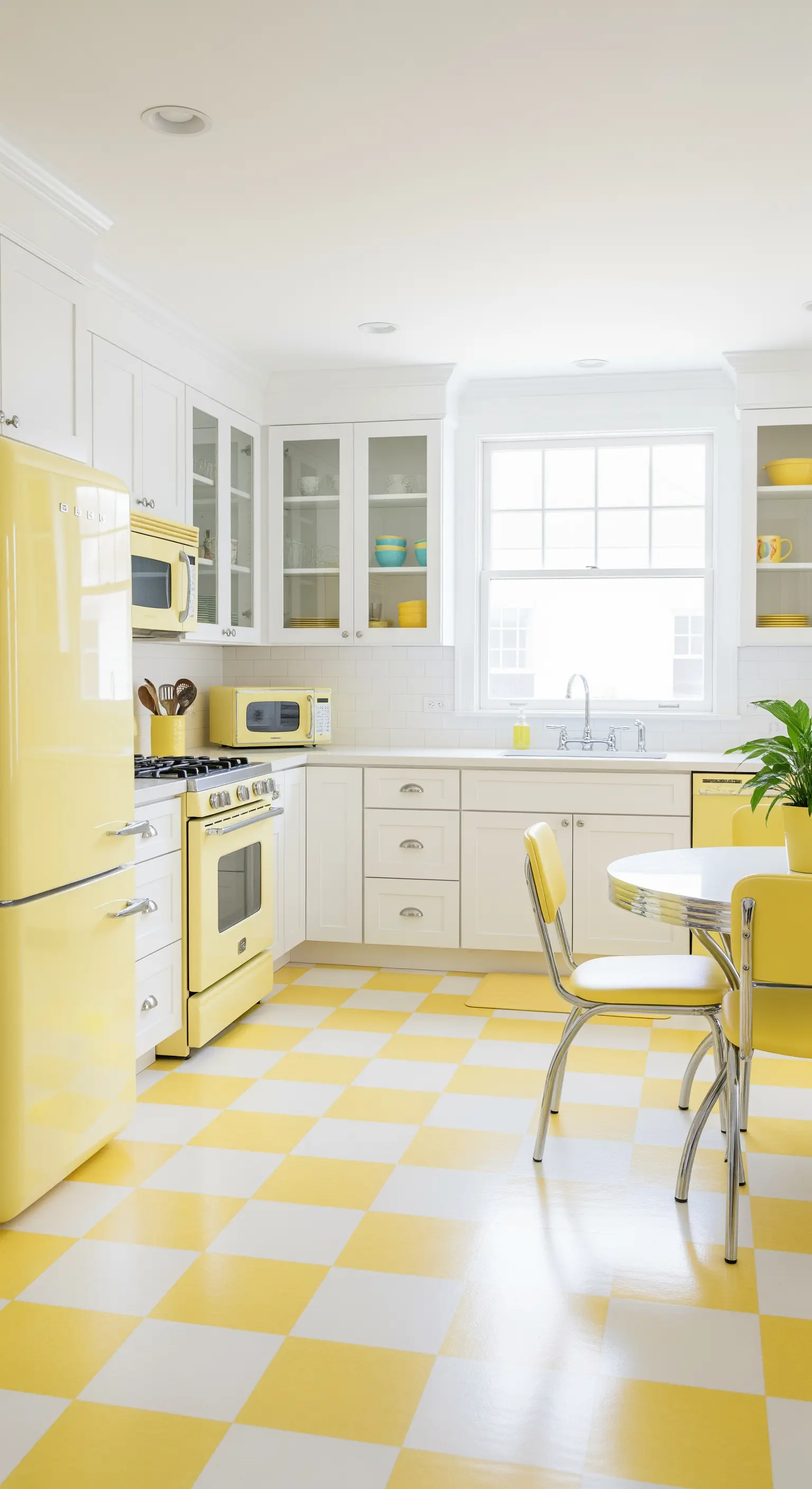 Retro-Küche mit gelb-weißem Schachbrettboden und gelben Geräten.