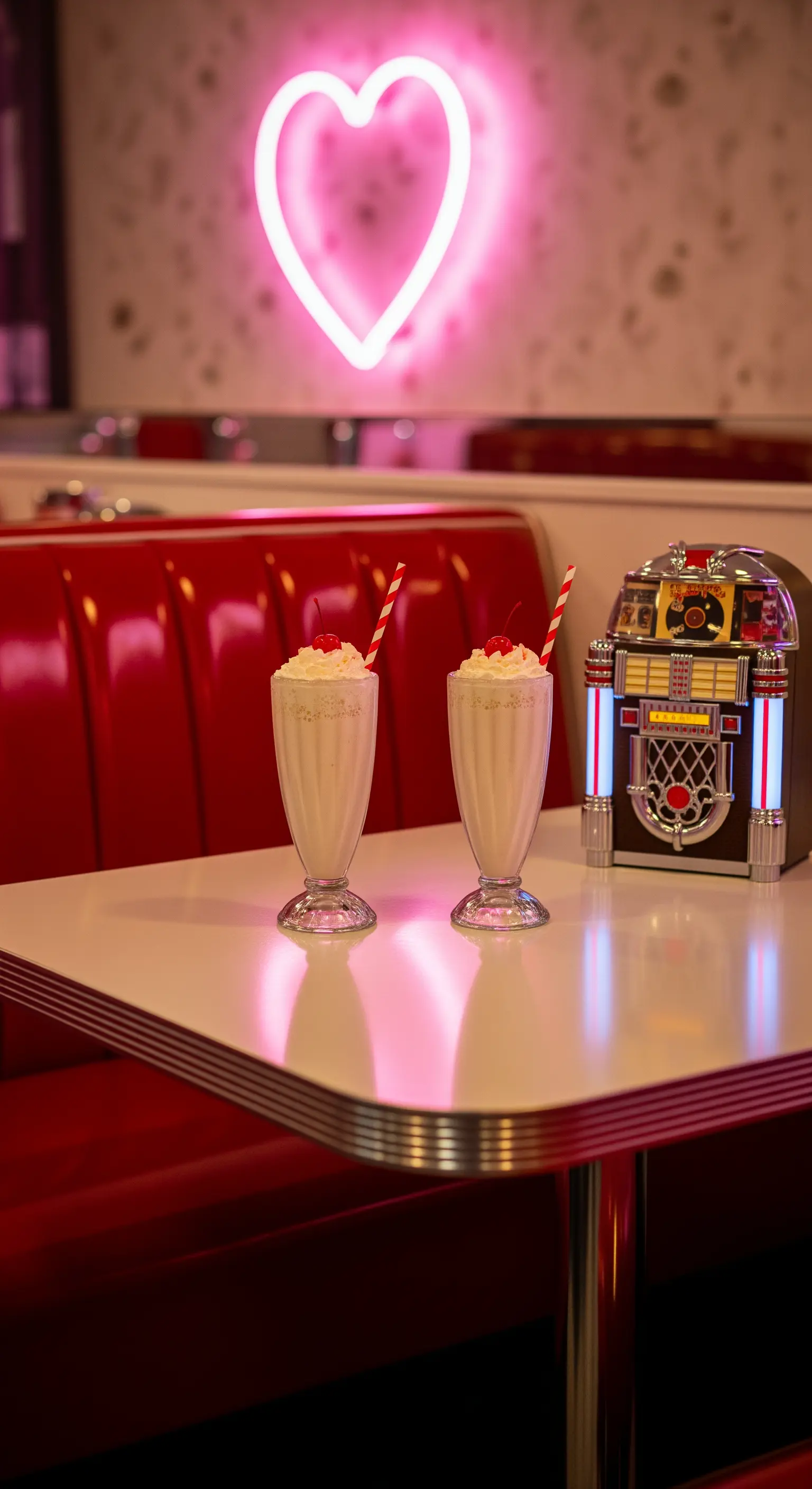 Retro Diner, Milkshakes, Neon Herz, Jukebox, rote Polsterung, Chromtisch