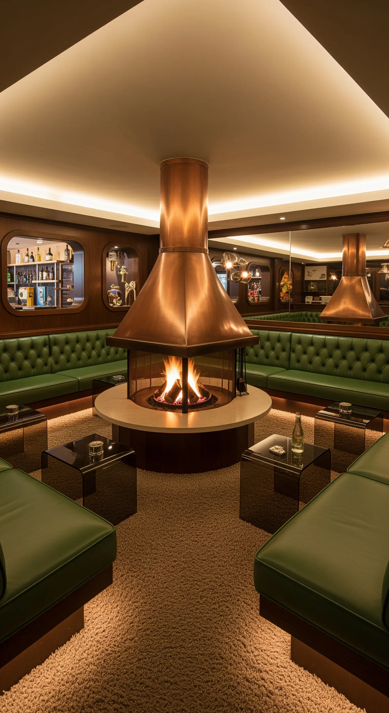 Retro-Lounge mit zentralem Kupferkamin, grünen Ledersofas und Hochflorteppich.