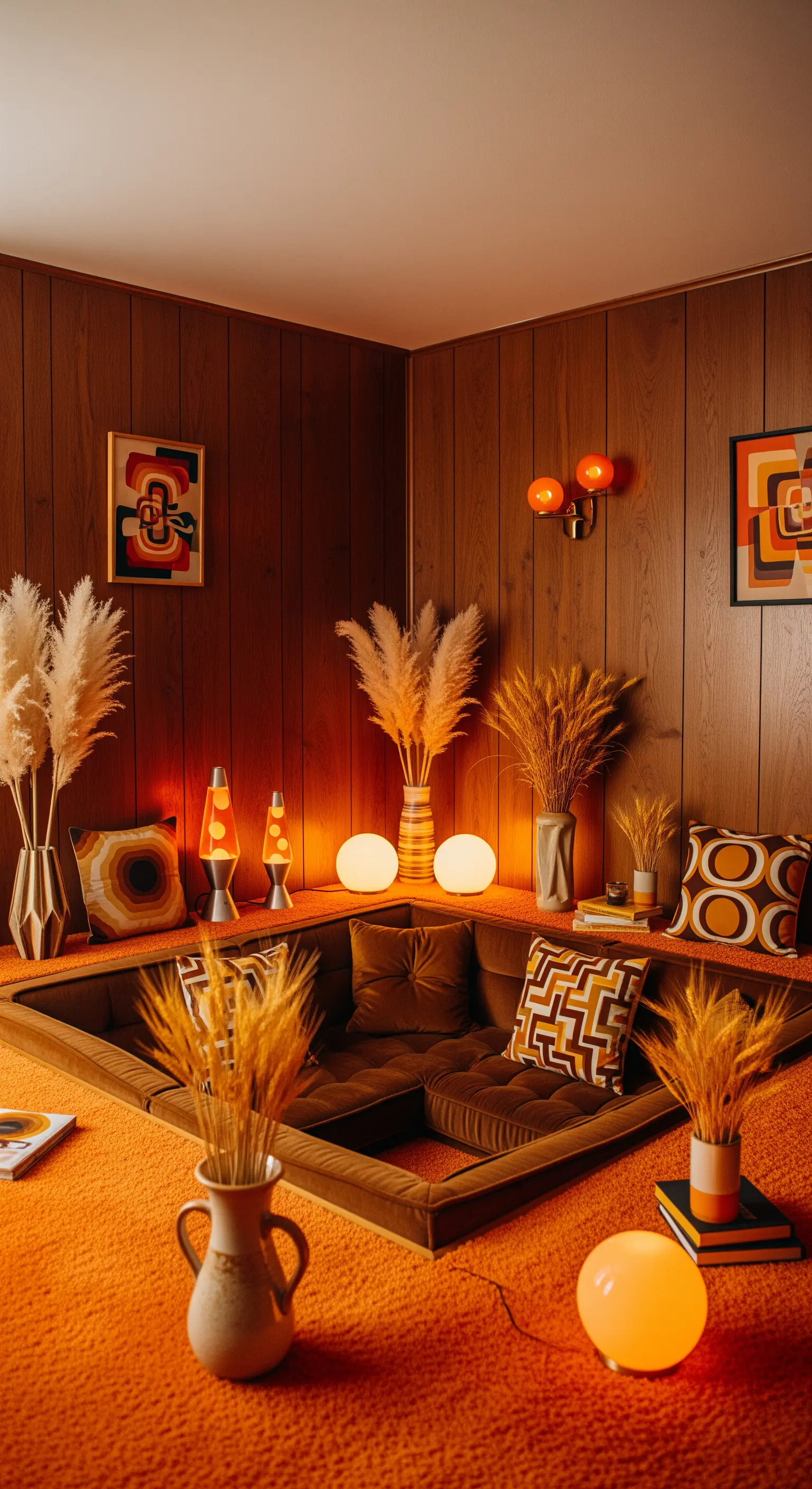 Retro-Wohnzimmer mit Holzvertäfelung, orangefarbenem Teppich und Lava-Lampen