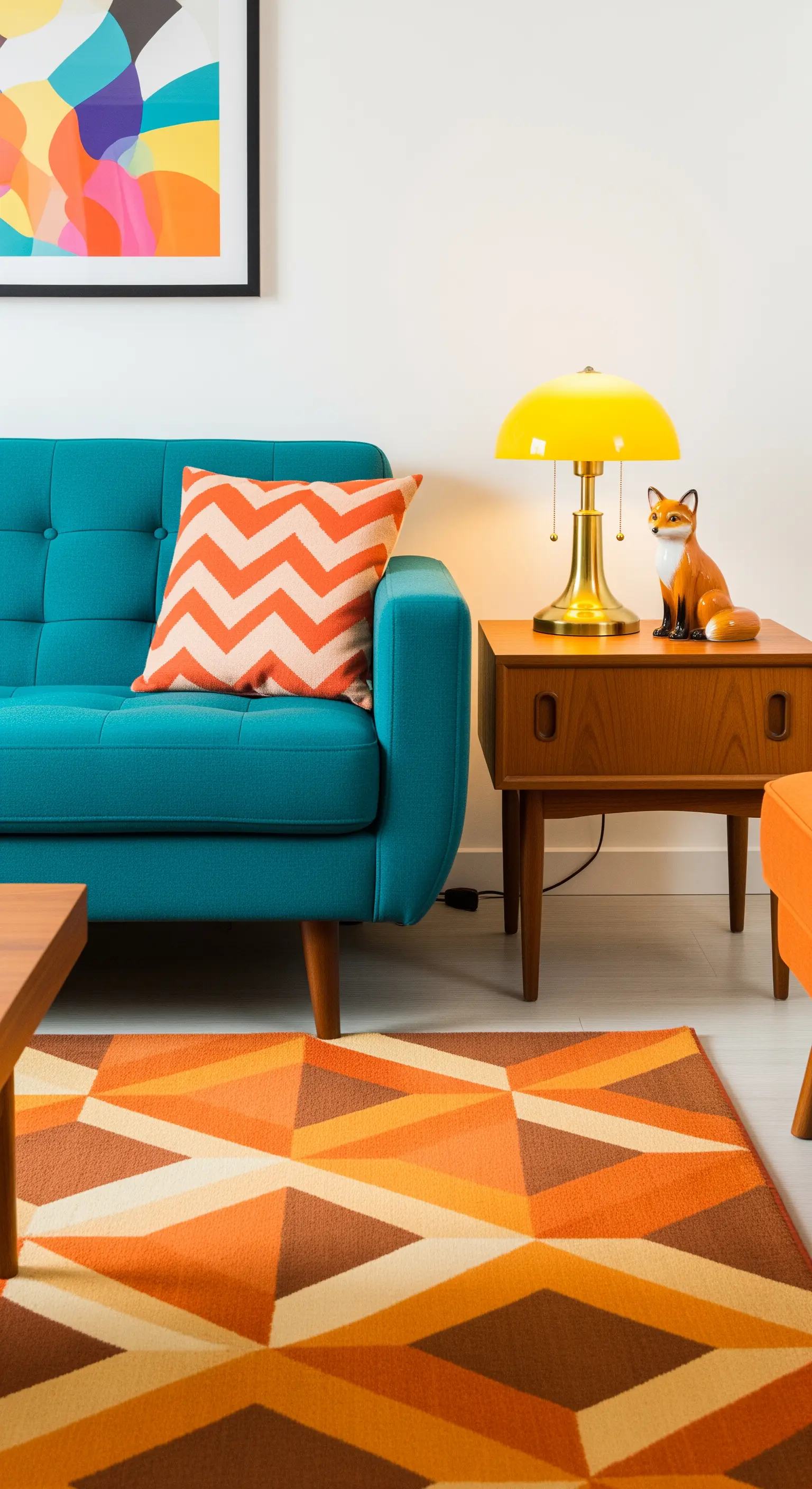 Türkisfarbenes Sofa mit orangefarbenem Kissen und gelber Lampe.