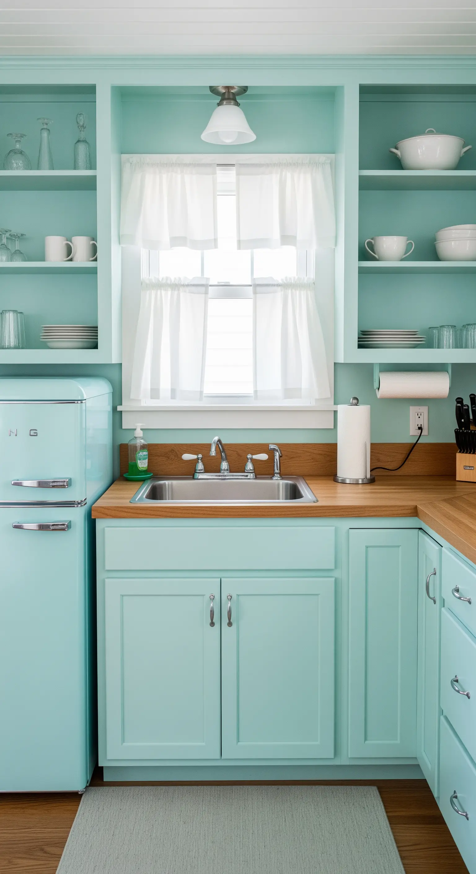Retro-Küche in Pastelltürkis mit Holz-Arbeitsplatte und offenen Regalen