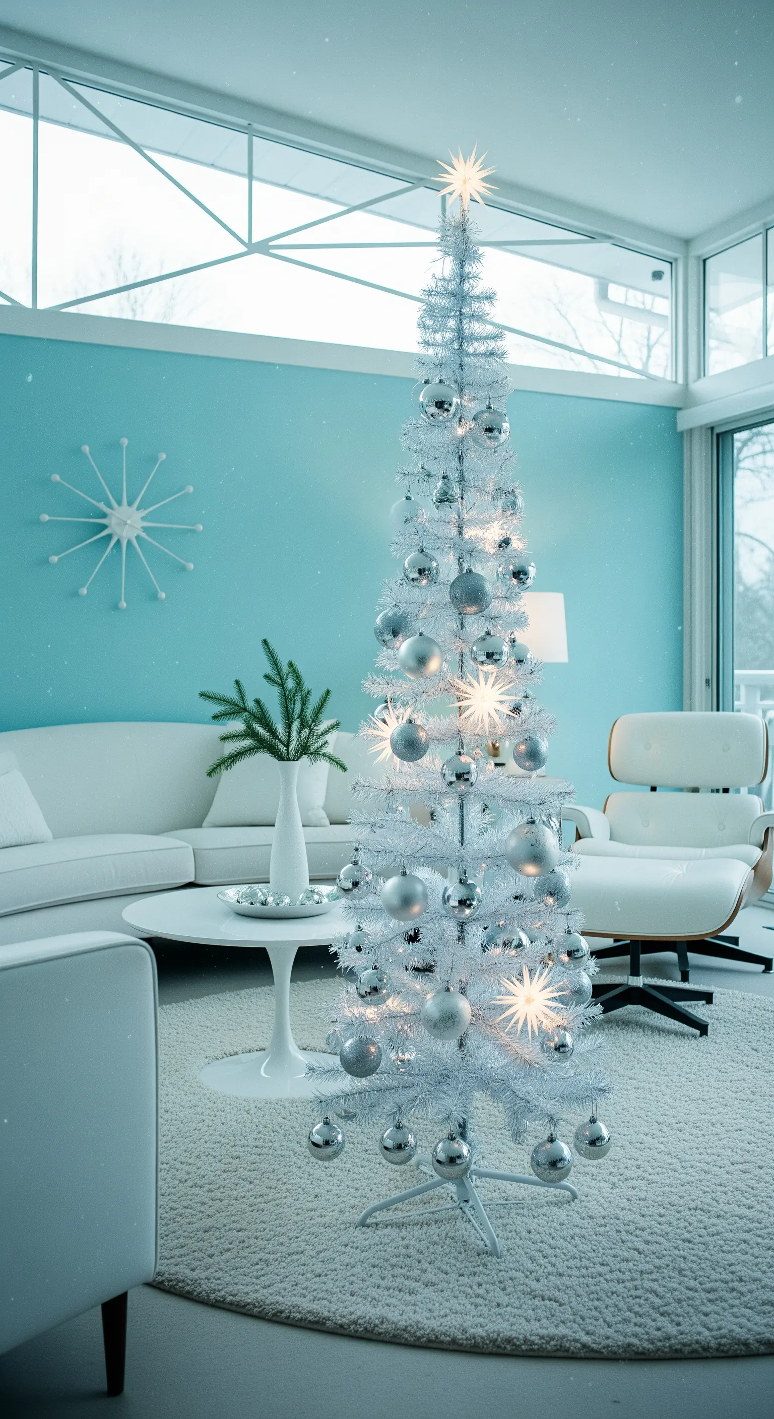Schlanker, weißer Weihnachtsbaum mit silbernen Kugeln in retro-modernem Wohnzimmer.
