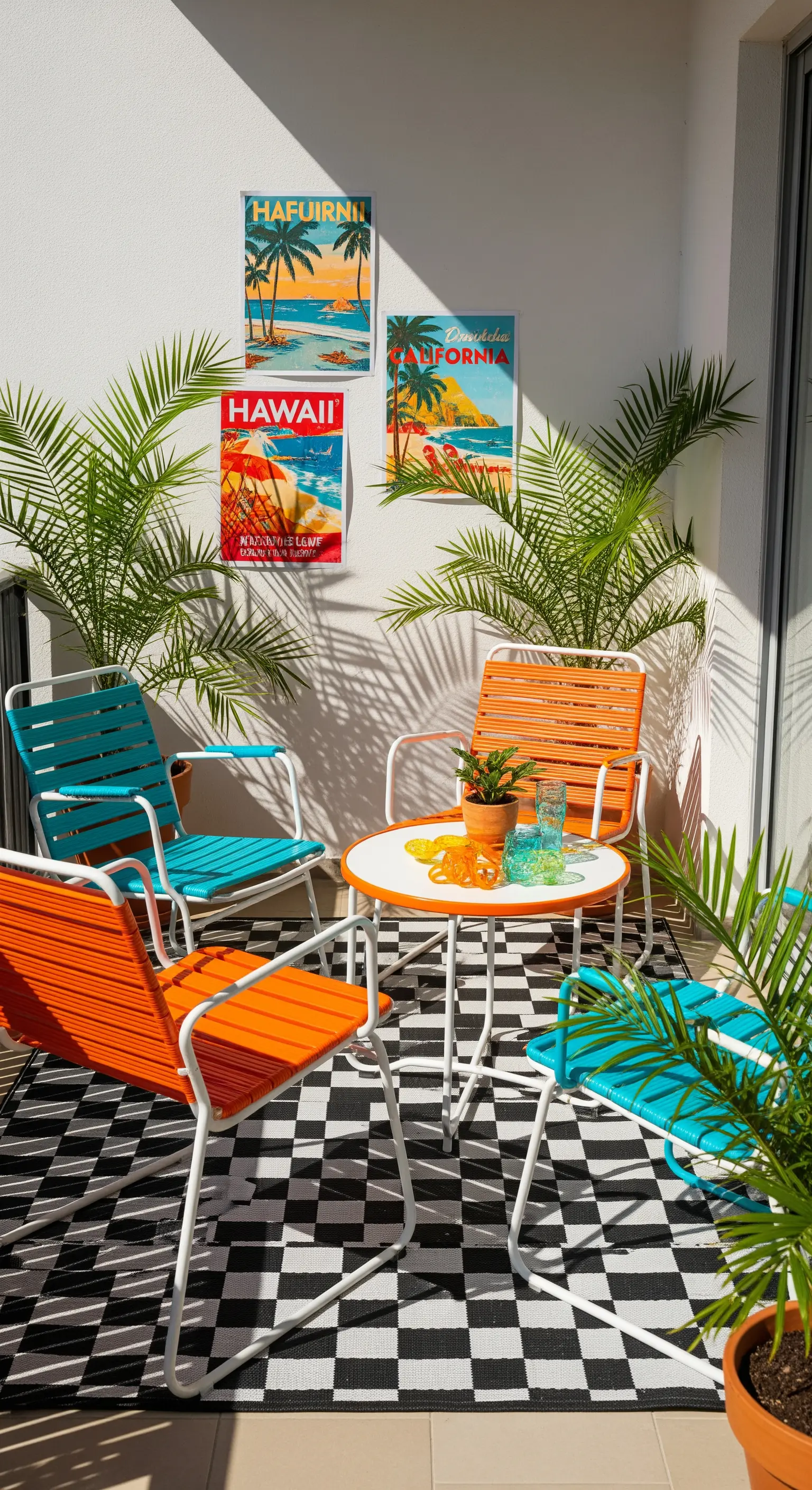 Retro-Balkon mit bunten Möbeln, Palmen und Schwarz-Weiß-Teppich