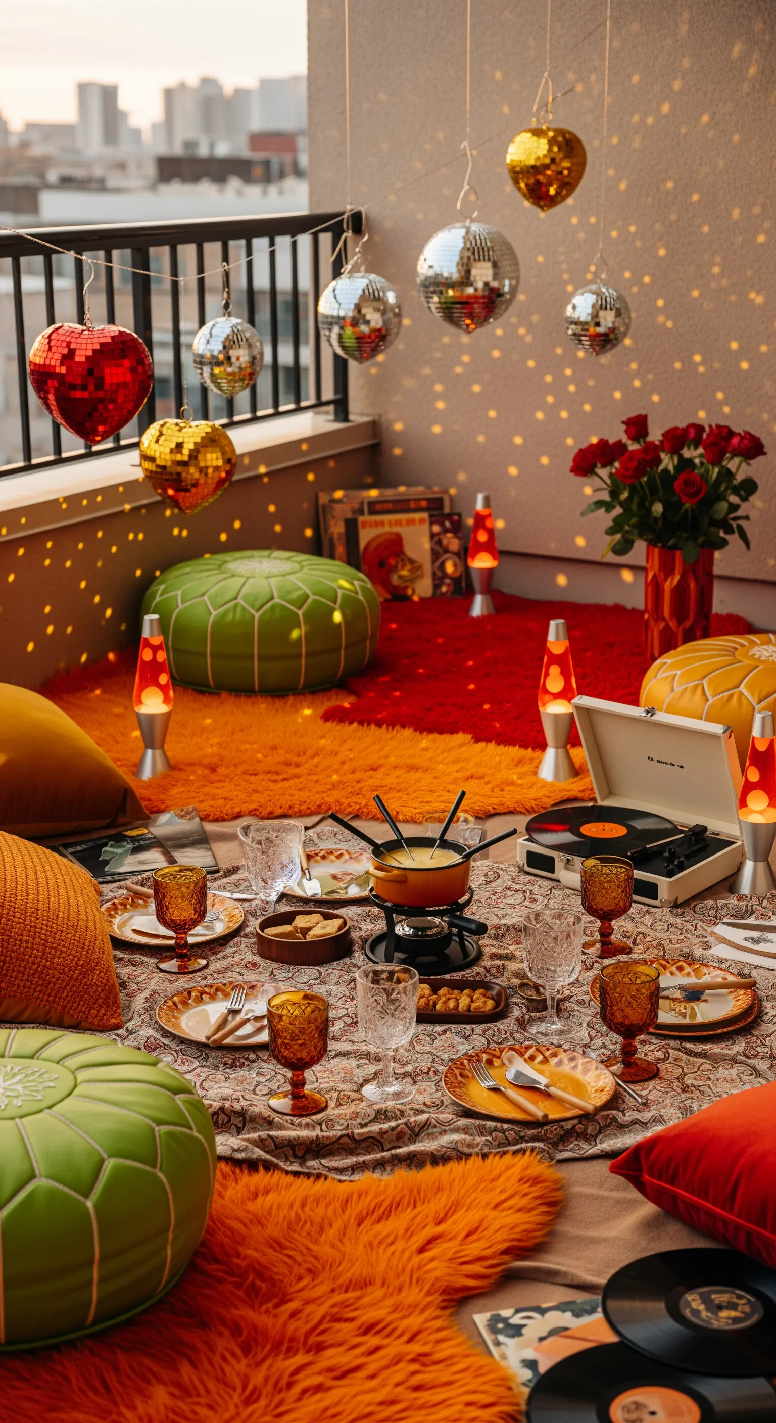 Retro-Balkon mit Discokugeln, bunten Teppichen, Lava-Lampen und Plattenspieler.