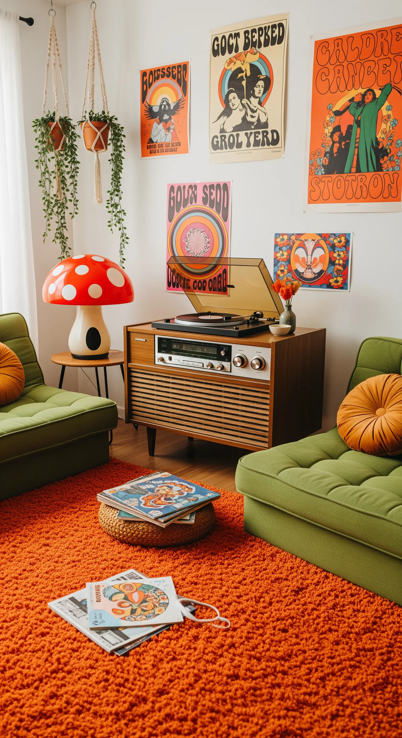 Wohnzimmer im 70er-Jahre-Stil mit orangefarbenem Teppich und Retro-Plattenspieler