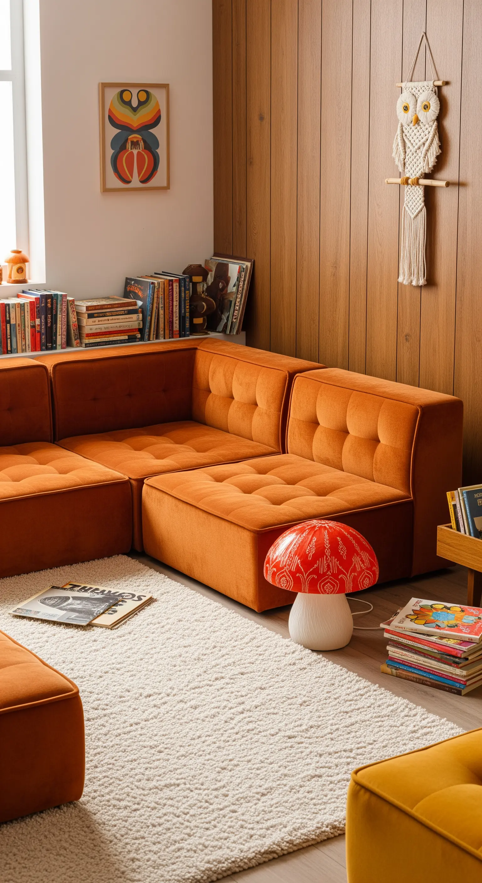 Leseecke im 70er-Jahre-Stil mit orangem Samtsofa, Holzvertäfelung und Pilzlampe.