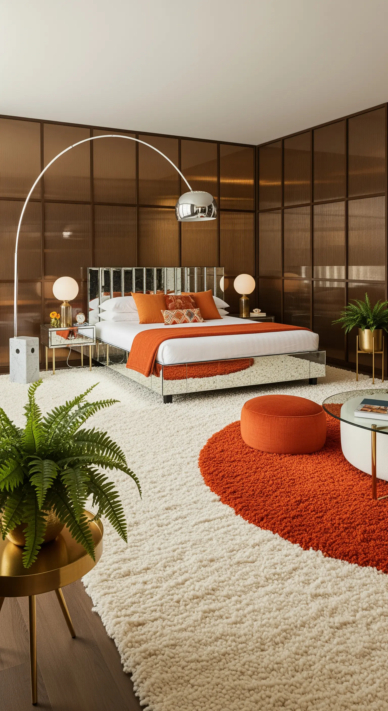 Retro-inspiriertes Schlafzimmer mit einem runden, orangen Teppich auf einem weißen Shag-Teppich
