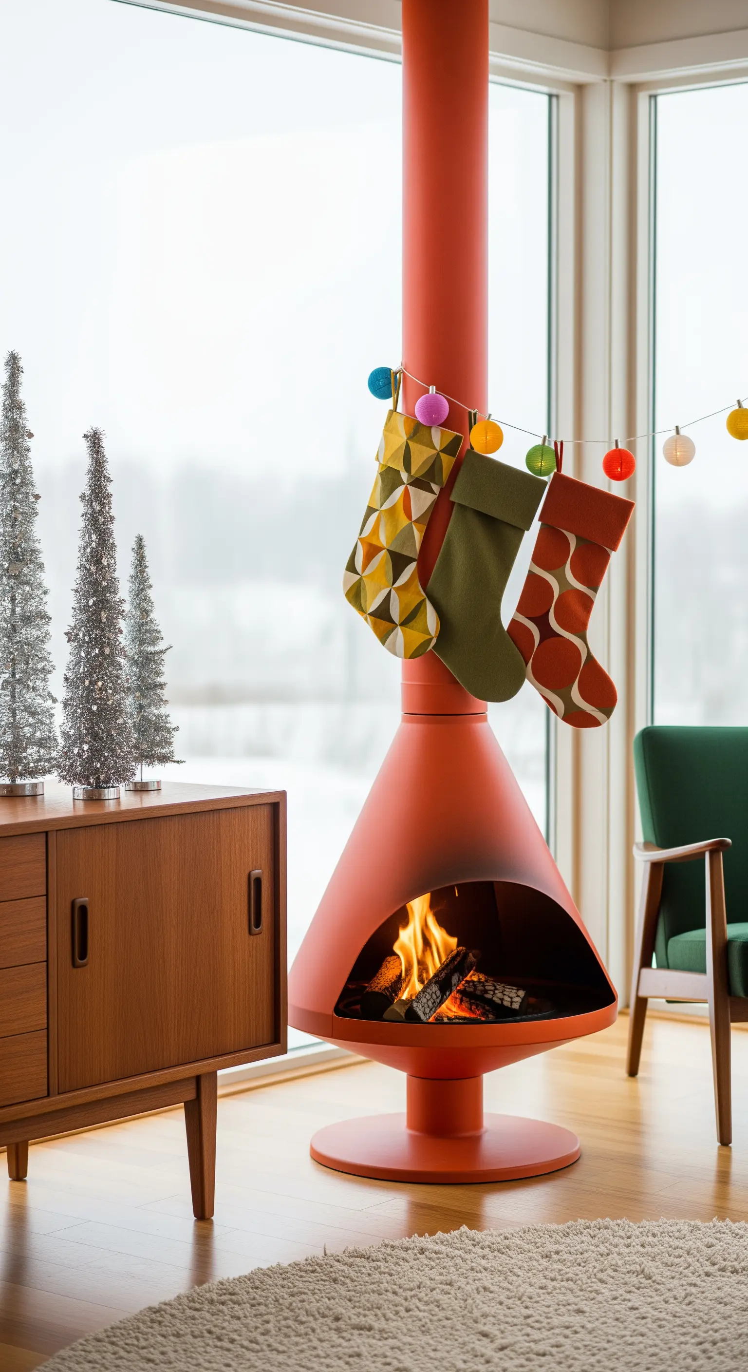Oranger freistehender Kamin mit gemusterten Strümpfen, bunten Lichterketten und Bäumen