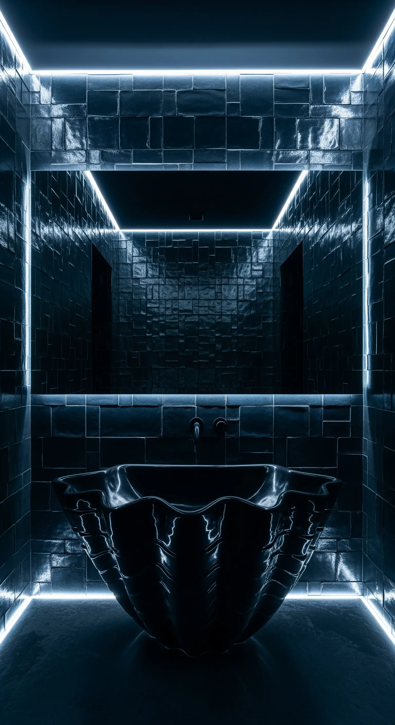 Badezimmer mit rhythmischen LED-Streifen, gewelltem schwarzen Waschbecken, dunklen Fliesen
