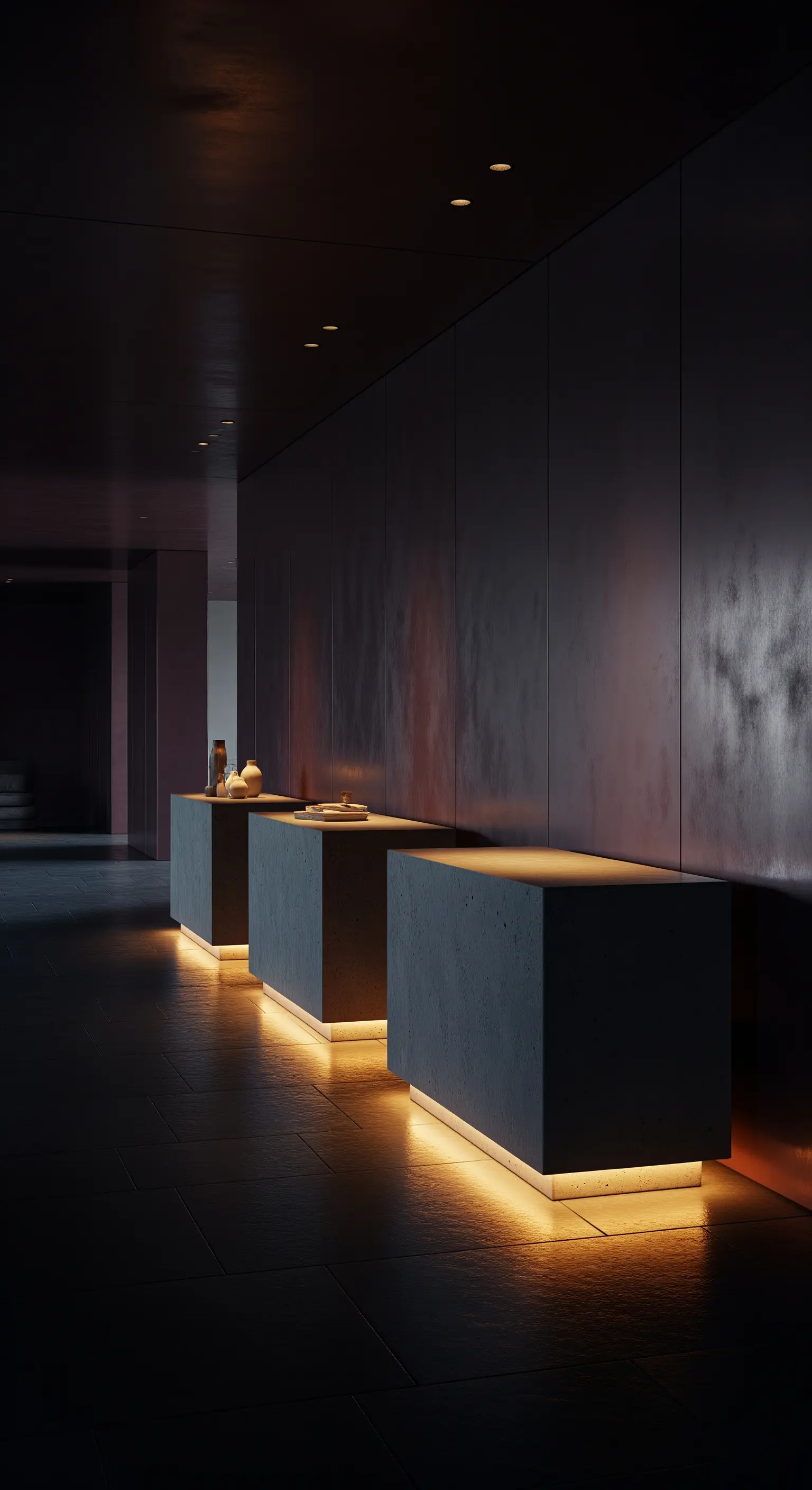 Drei beleuchtete Betonkonsolen in einem dunklen Flur mit indirektem Licht