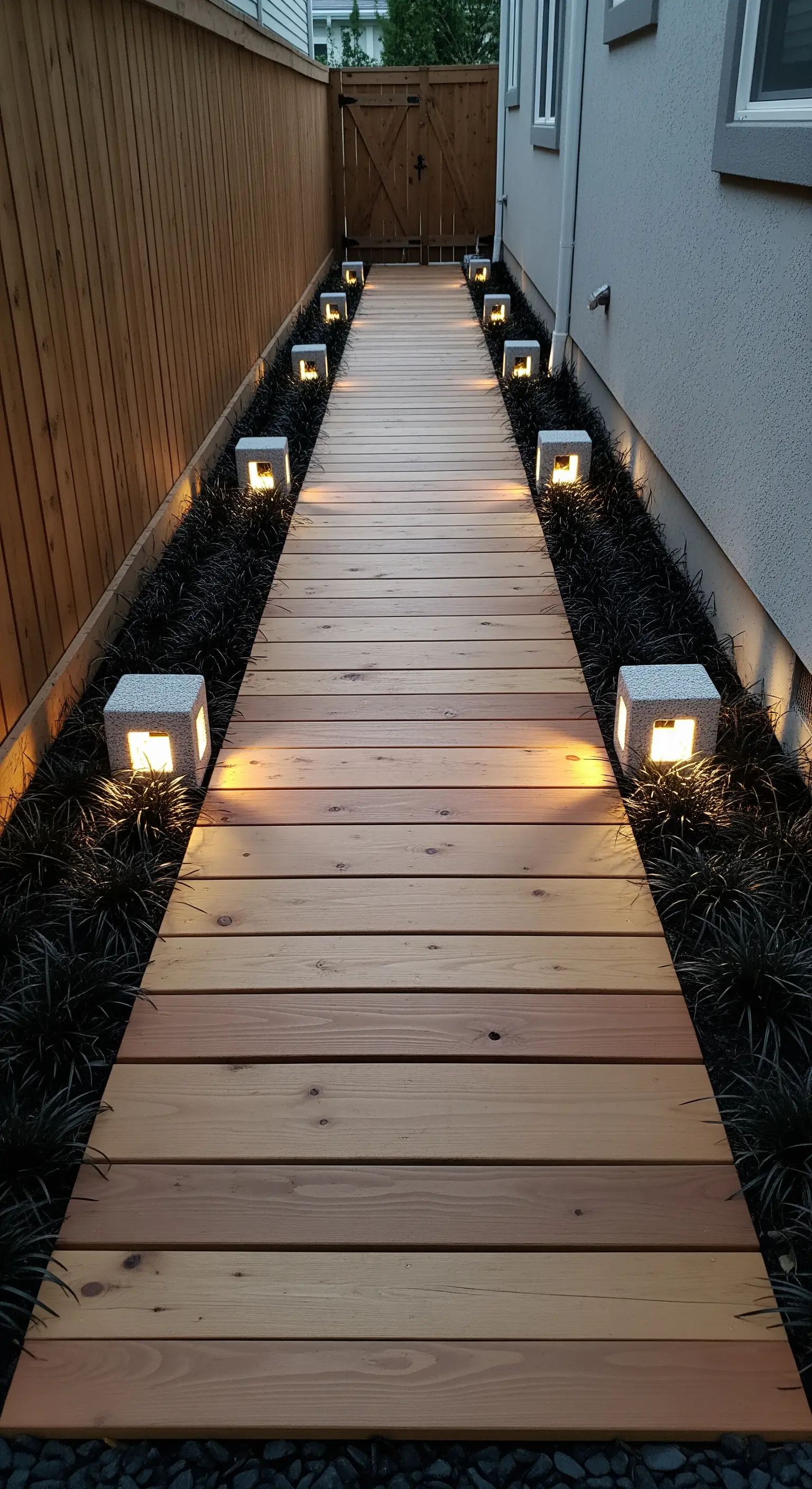 Langer, gerader Holzsteg, der von gleichmäßig angeordneten, leuchtenden Steinwürfeln gesäumt wird.