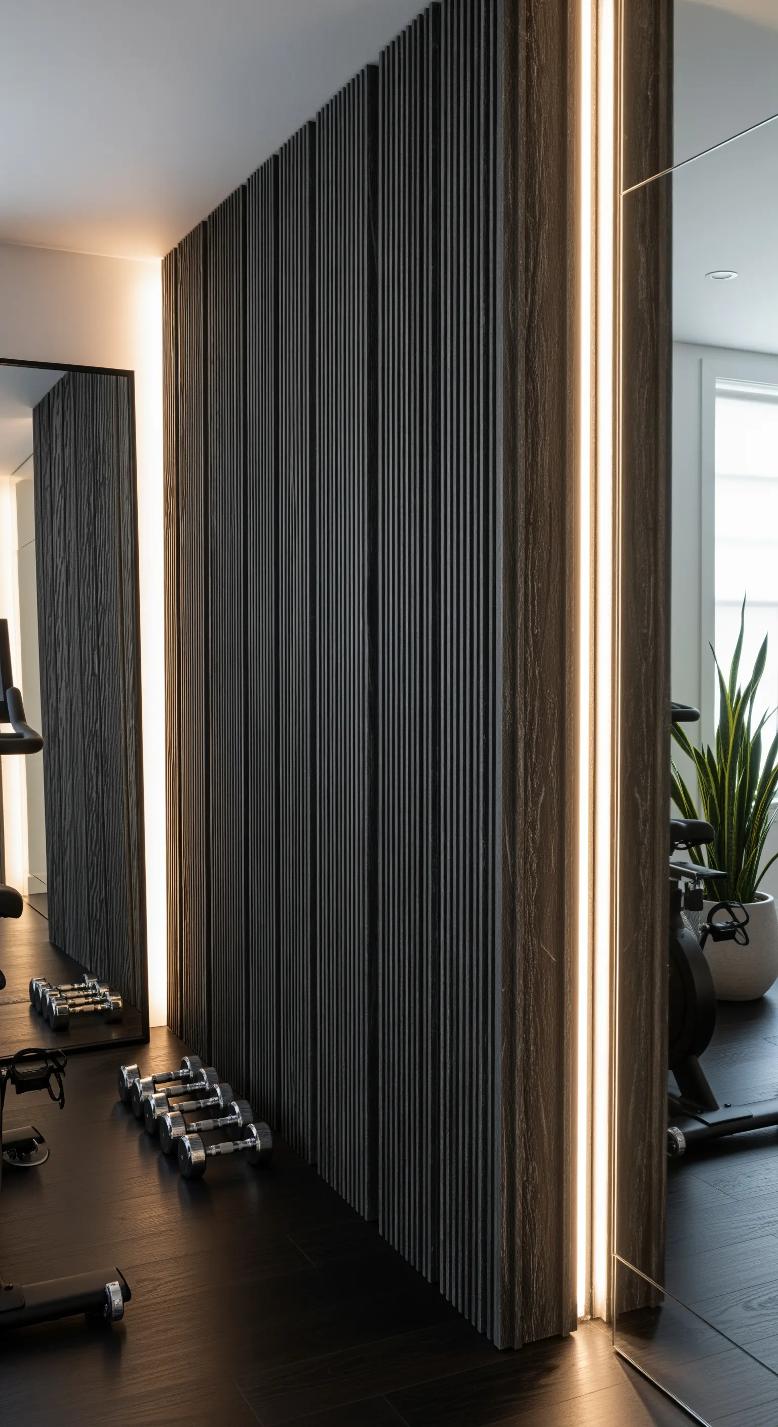 Fitnessraum mit dunkler Lamellenwand und vertikaler, indirekter LED-Beleuchtung.