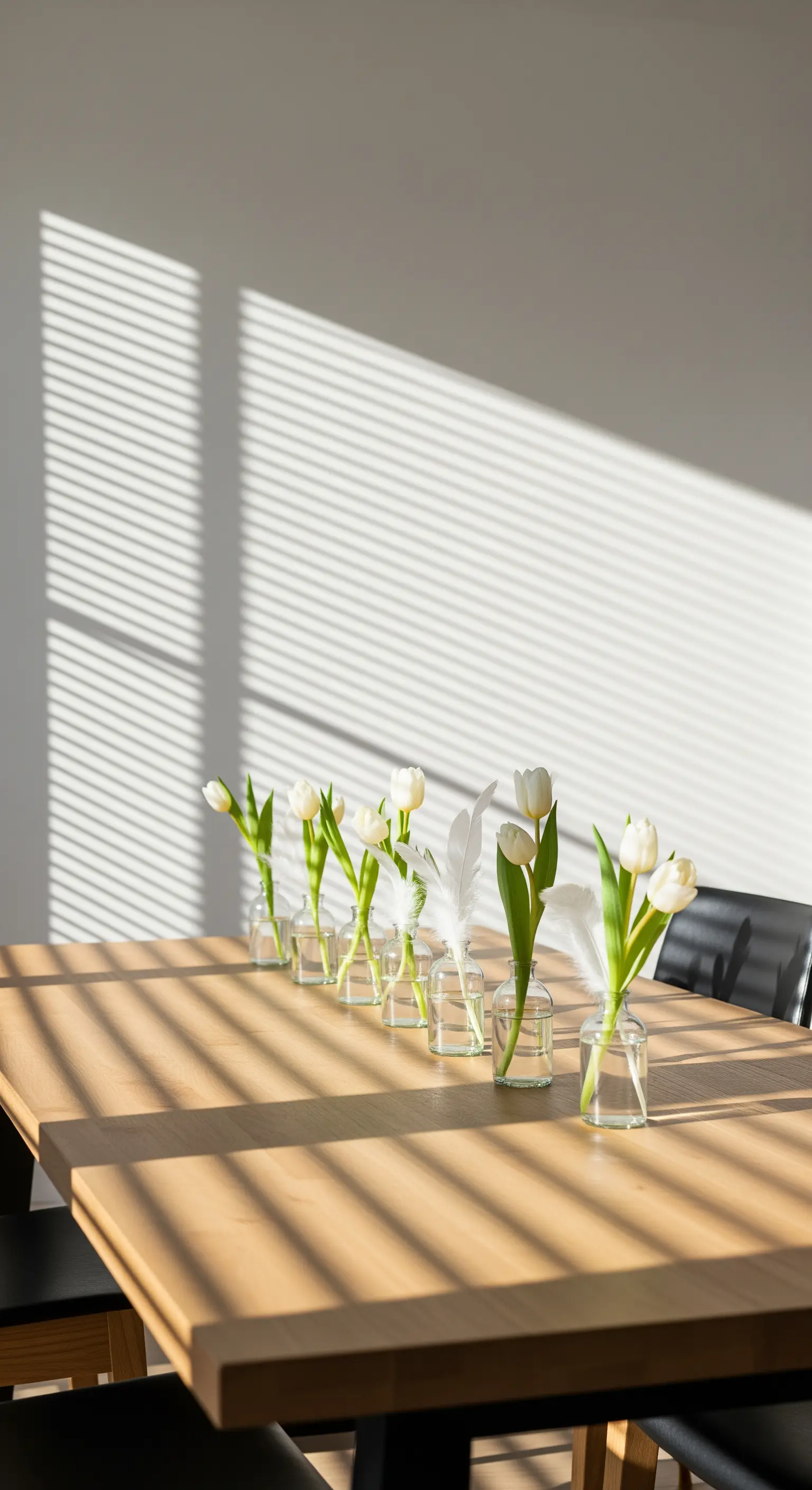 Eine Reihe einzelner weißer Tulpen in kleinen Glasvasen auf einem Holztisch