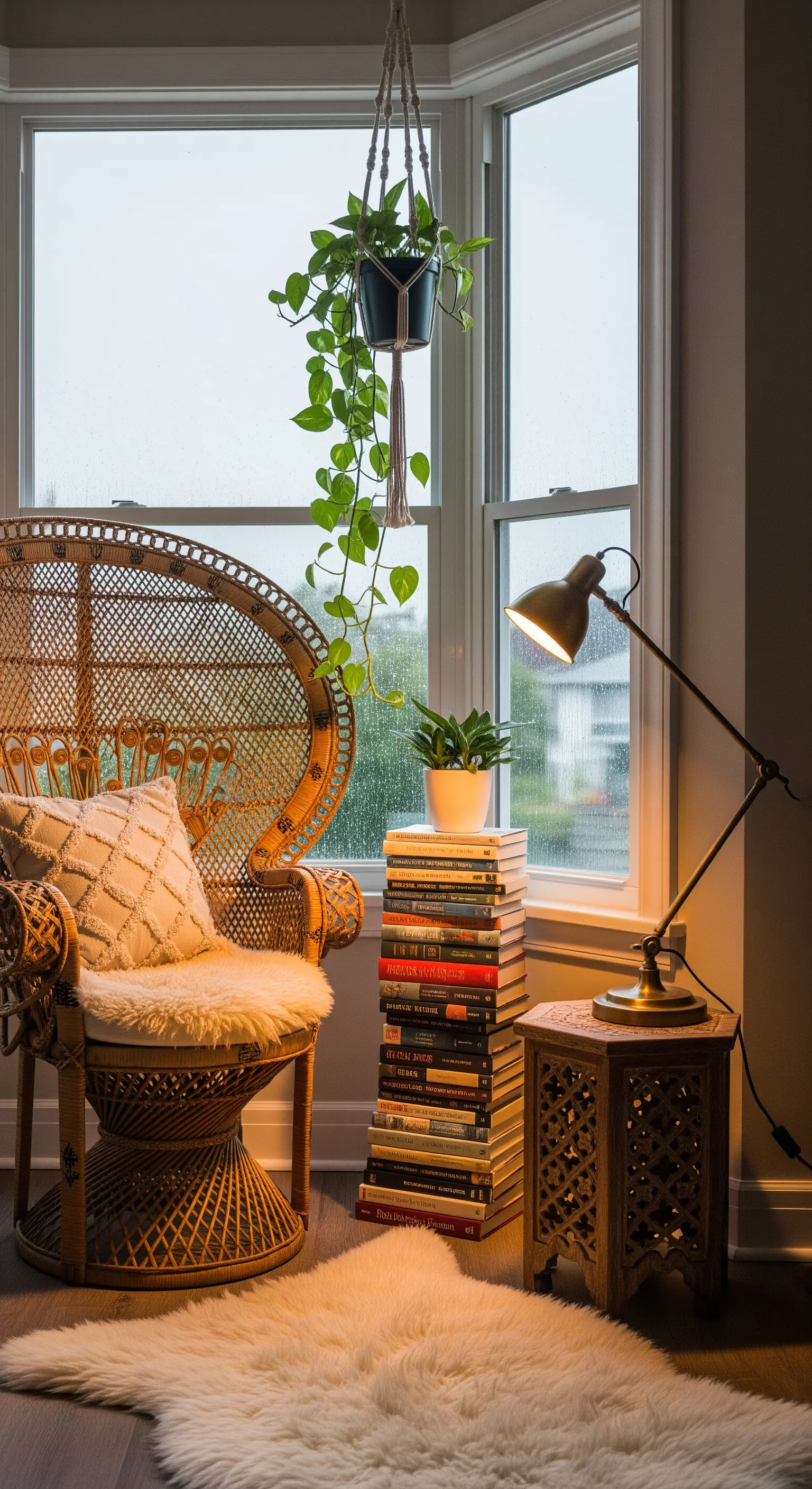 Boho-Leseecke mit Pfauenstuhl, Bücherstapel und einer Hängepflanze vor einem regnerischen Fenster.