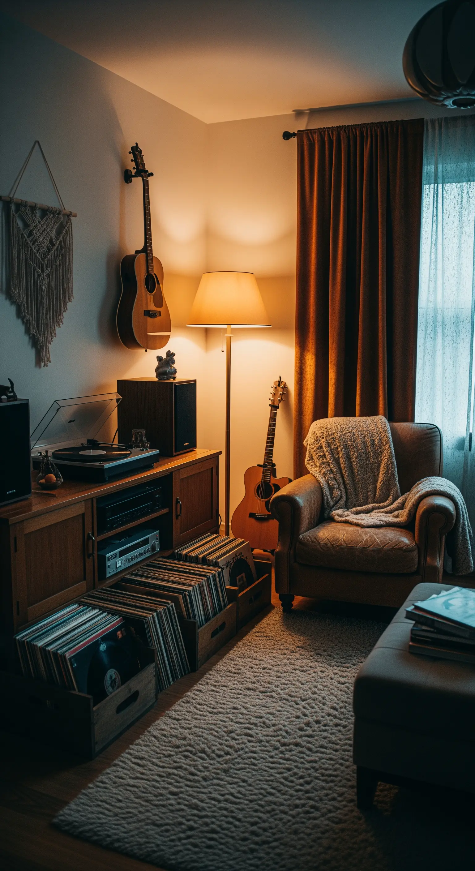 Eine gemütliche Ecke mit einem Sessel, einem Plattenspieler und einer Sammlung von Schallplatten in Holzkisten