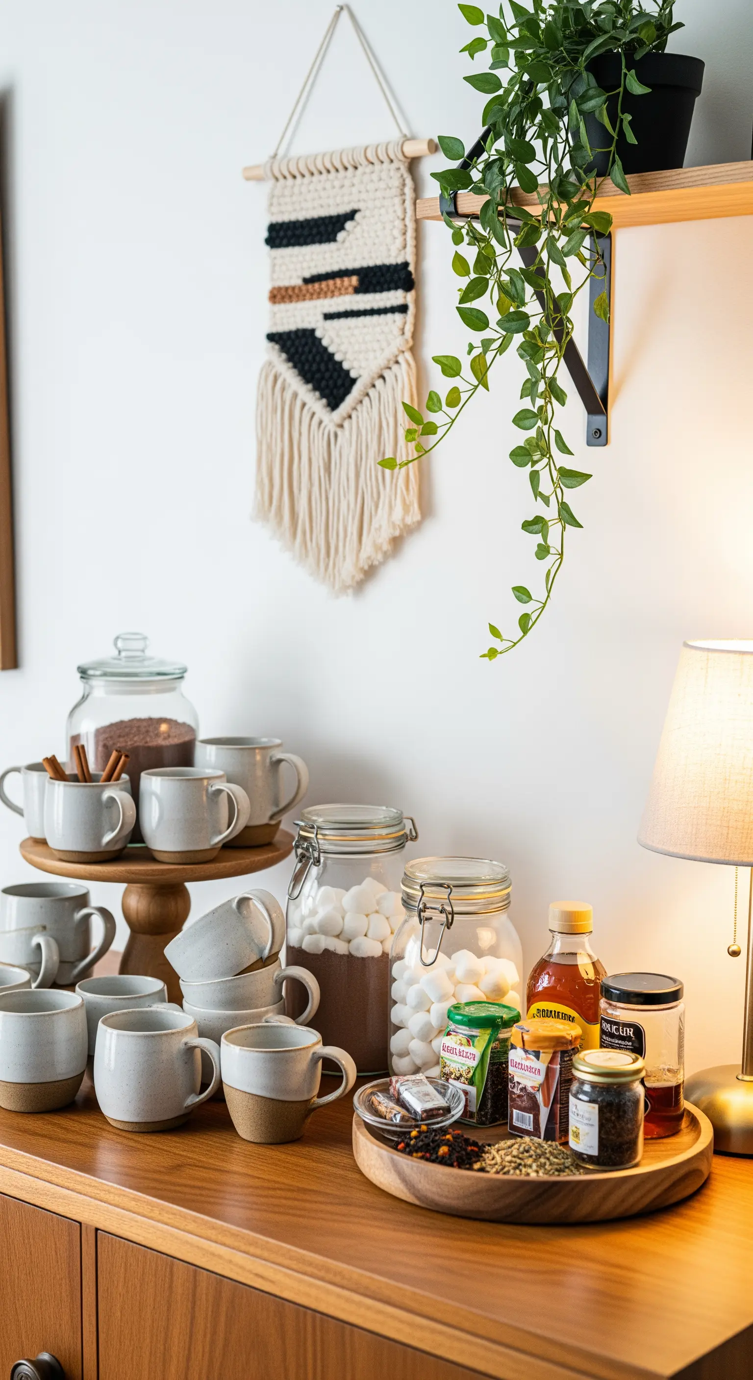 Eine Anrichte mit einer Etagere voller Tassen und Zutaten für heiße Schokolade und Tee