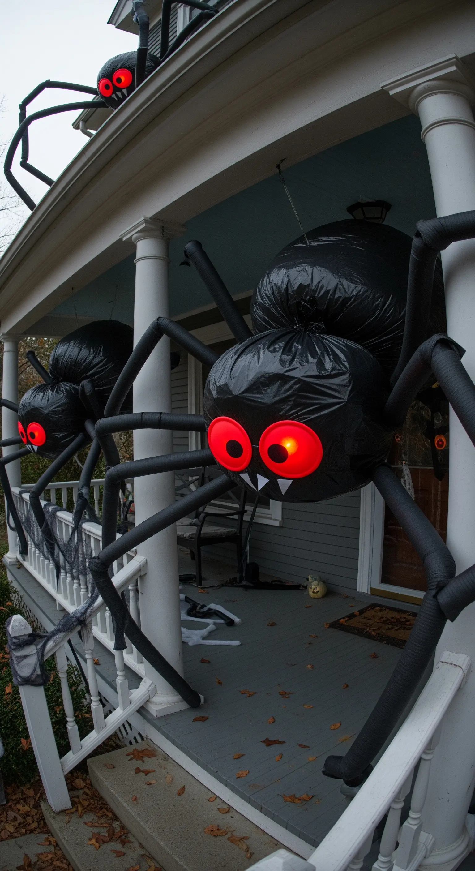 Große aufblasbare Spinnen mit roten Augen als Veranda-Deko zu Halloween.
