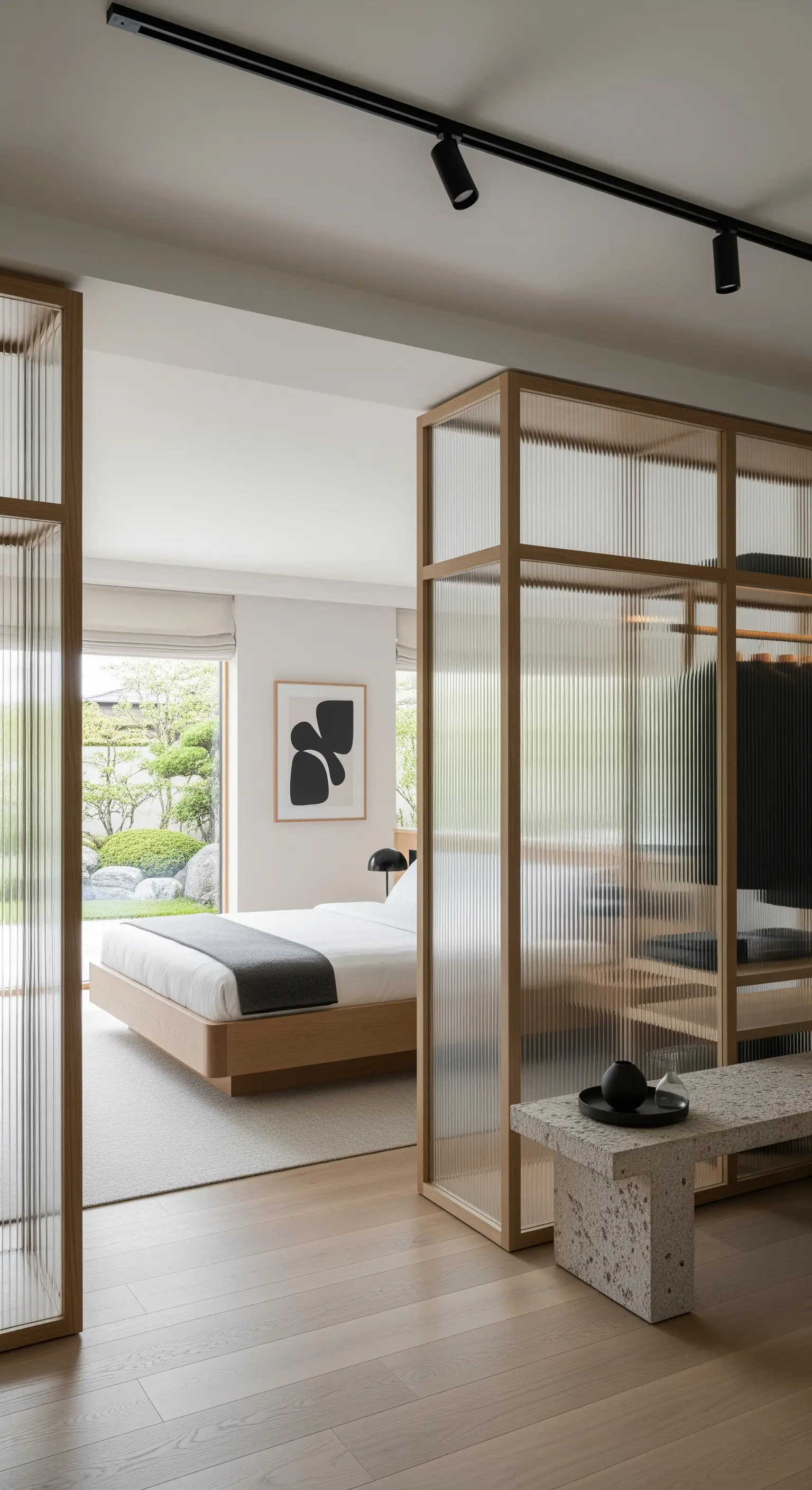 Ankleidebereich mit Riffelglas in einem hellen Holzrahmen im Japandi-Stil.