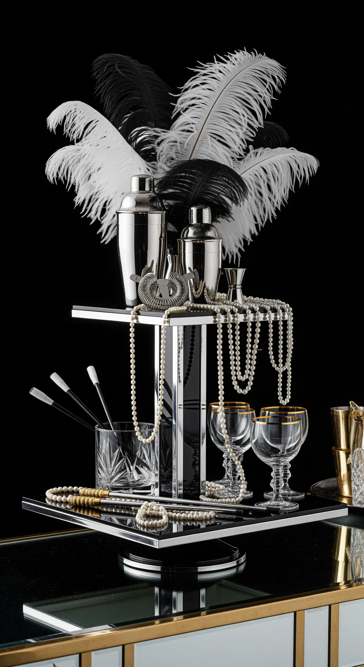 Verspiegelte Etagere im Art-Déco-Stil mit Cocktail-Shakern und Federn.