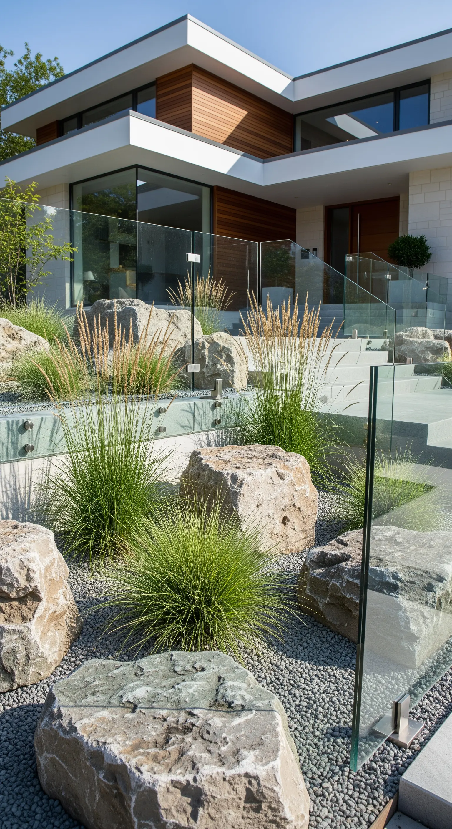 Japandi Vorgarten mit großen Felsen, Ziergräsern und Glasgeländer