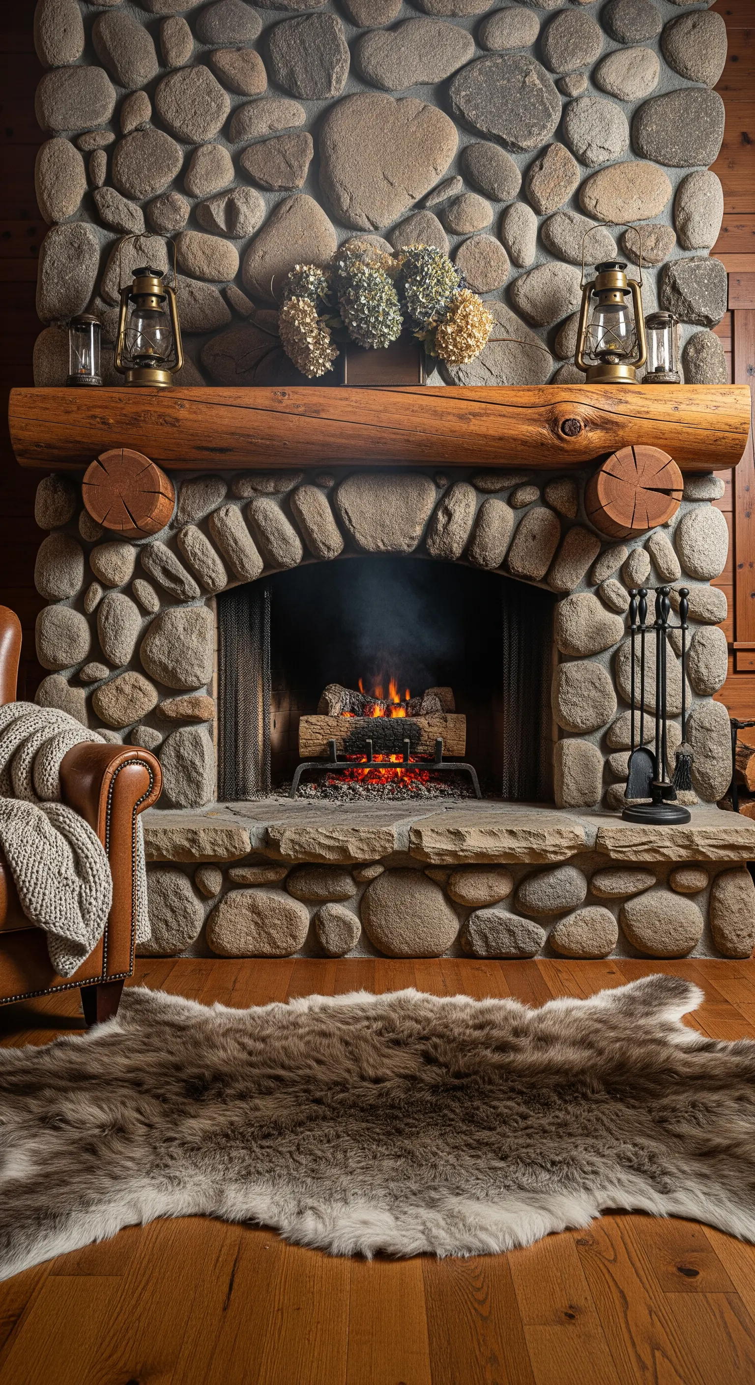 Holzleiste, Laternen, Trockenblumen und Fellteppich am Steinkamin
