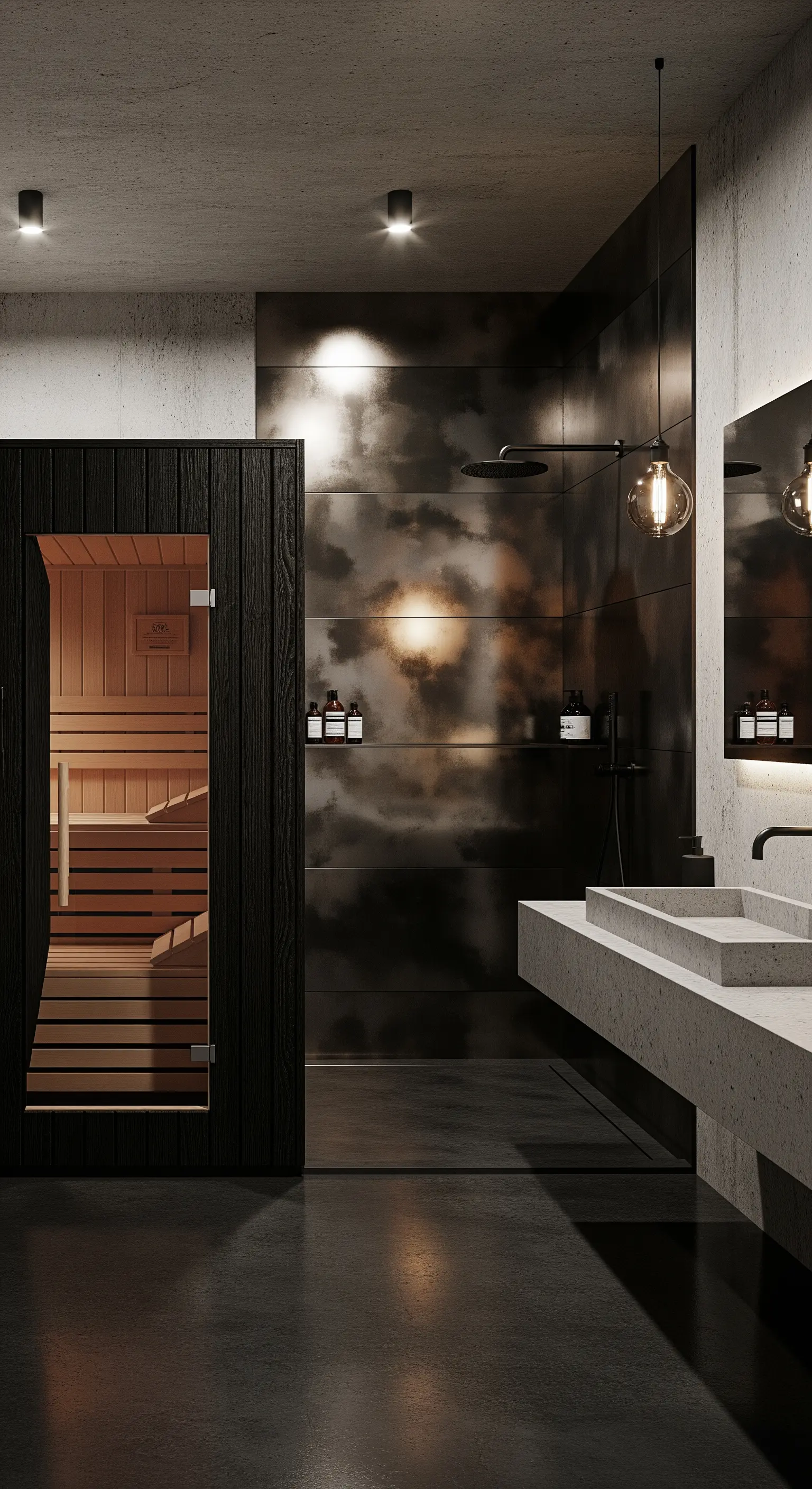 Dunkles Industrial-Bad mit Beton, dunklen Fliesen und schwarzer Sauna.