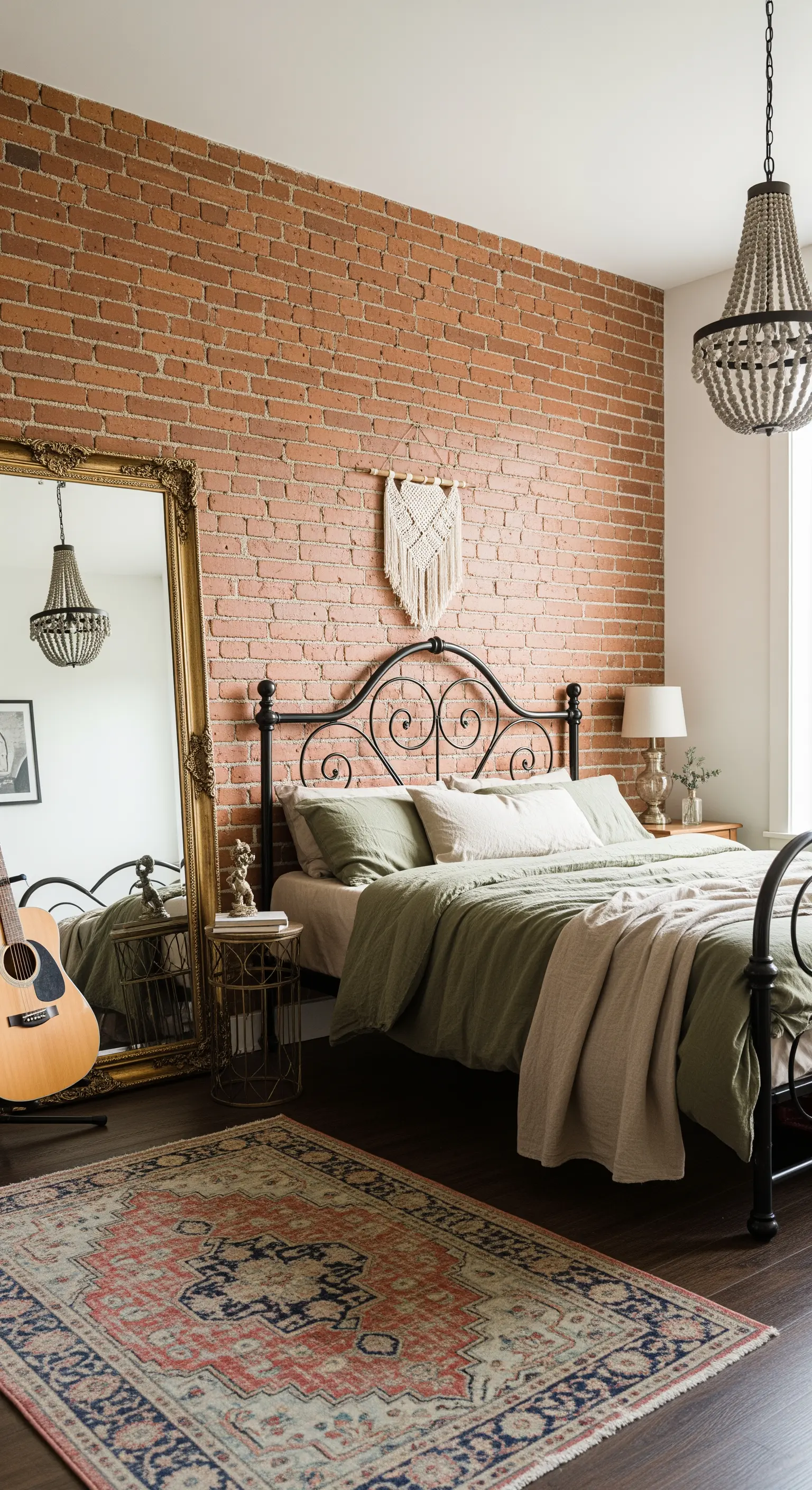 Schlafzimmer mit Backsteinwand, schwarzem Metallbett und großem goldenen Spiegel