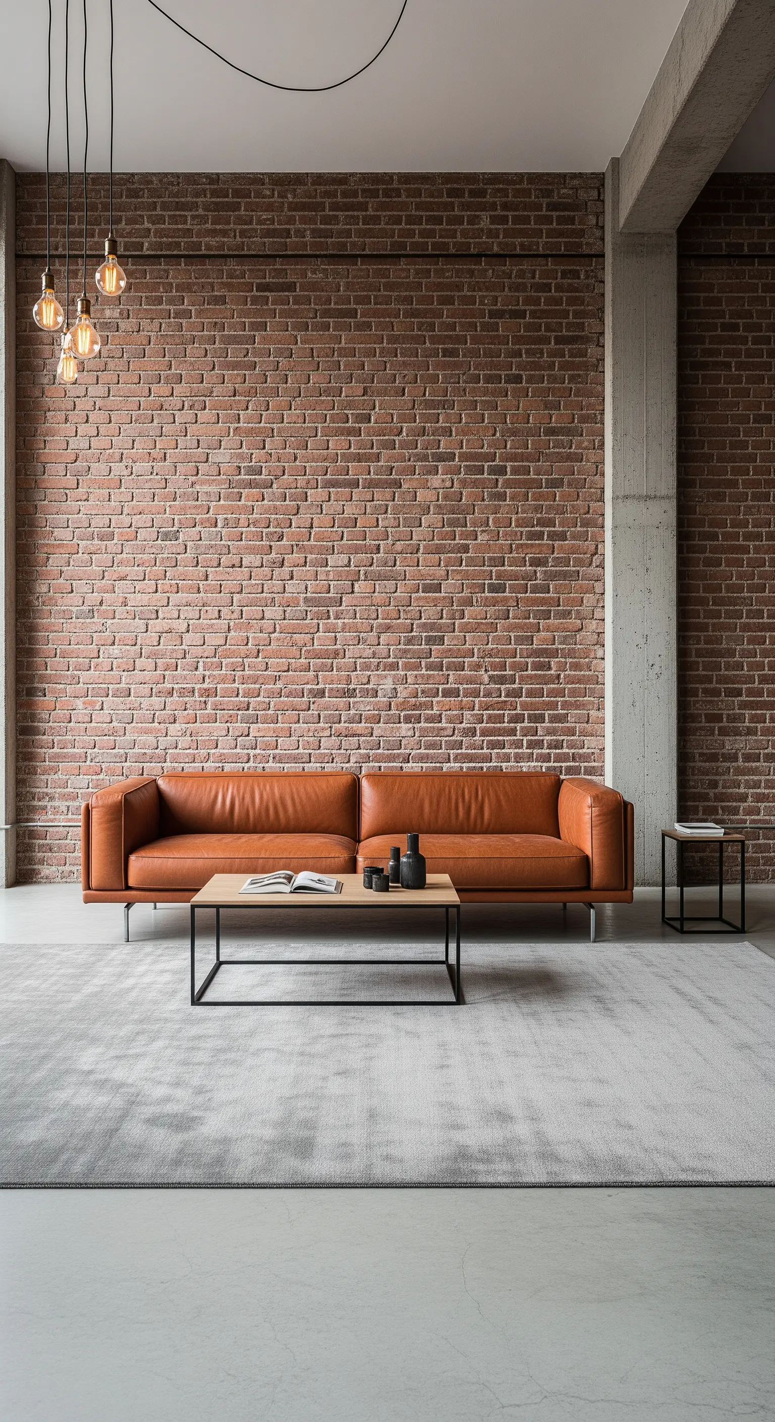 Ledersofa in Cognac vor einer roten Backsteinwand in einem Loft-Wohnzimmer.