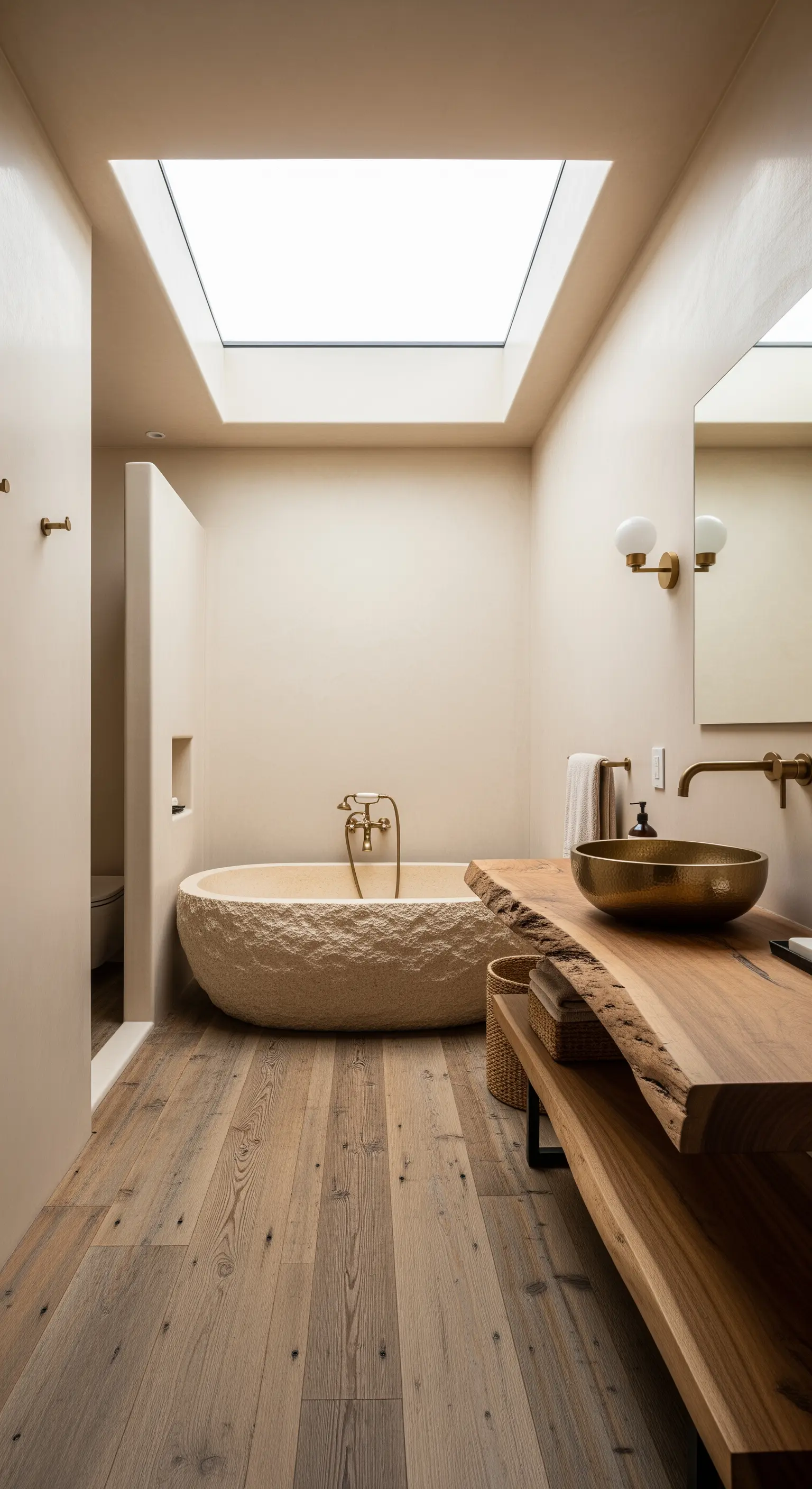 Badezimmer mit naturbelassener Steinwanne und Waschtisch aus einer einzigen Holzbohle.