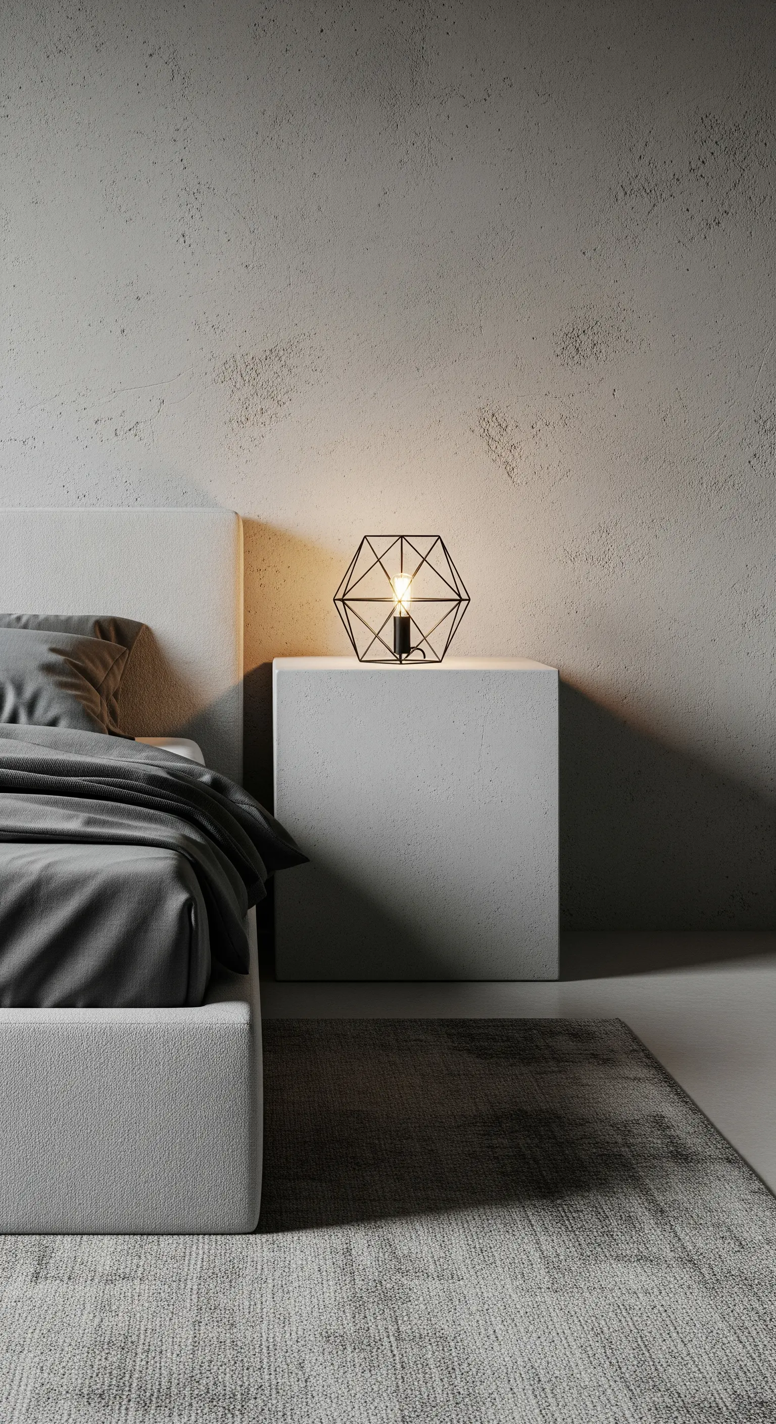 Minimalistischer Nachttisch aus einem Betonblock mit einer geometrischen Drahtlampe.