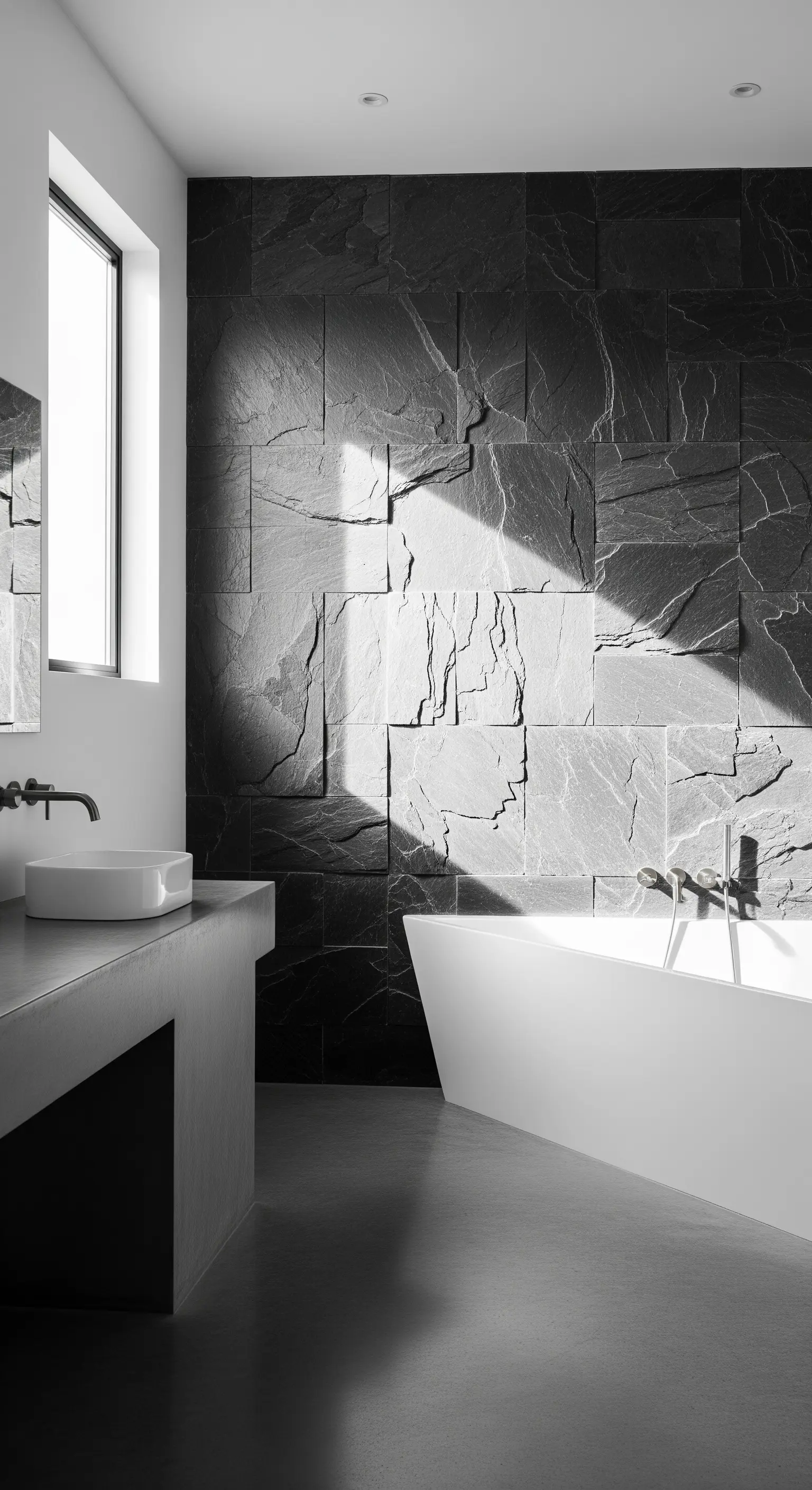 Minimalistisches Bad mit einer Akzentwand aus rauem, dunklem Naturschiefer.