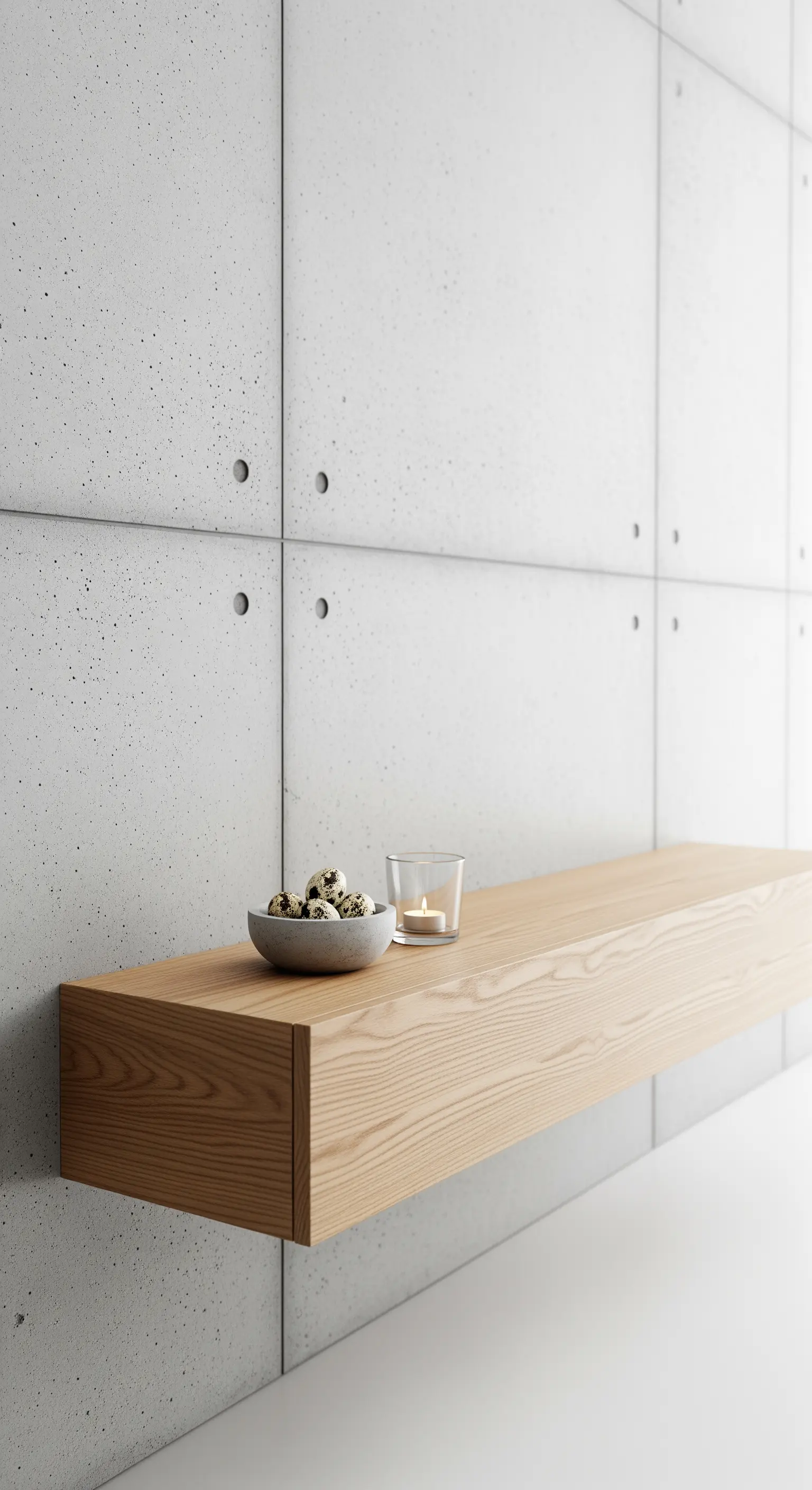 Wachteleier in Betonschale auf einem Holzregal vor einer Betonwand.