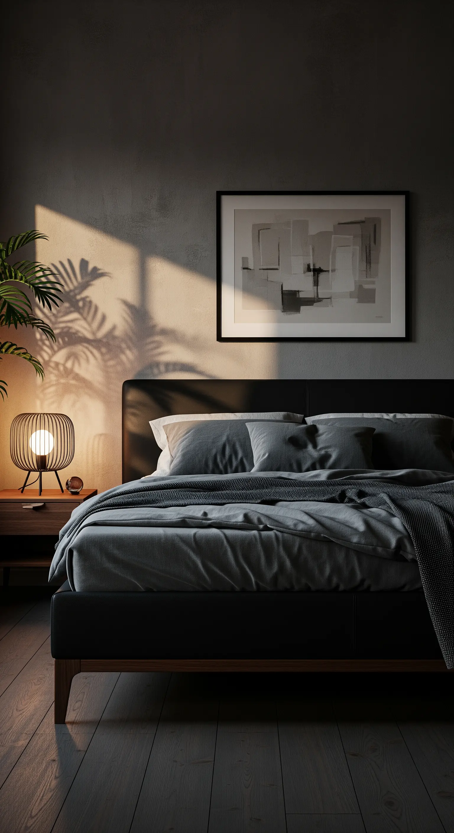 Schlafzimmer mit Betonwand, schwarzem Lederbett, Gitterlampe und Sonnenschatten