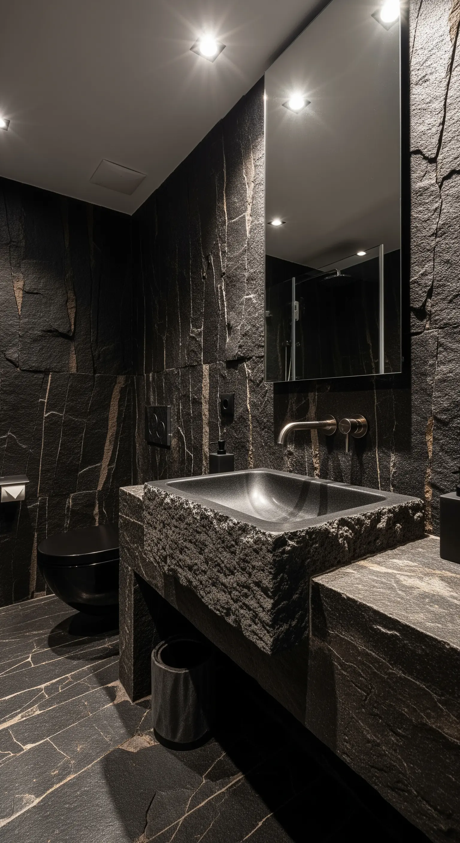 Waschbecken aus rohem, grob behauenem schwarzem Stein in einem dunklen Bad.