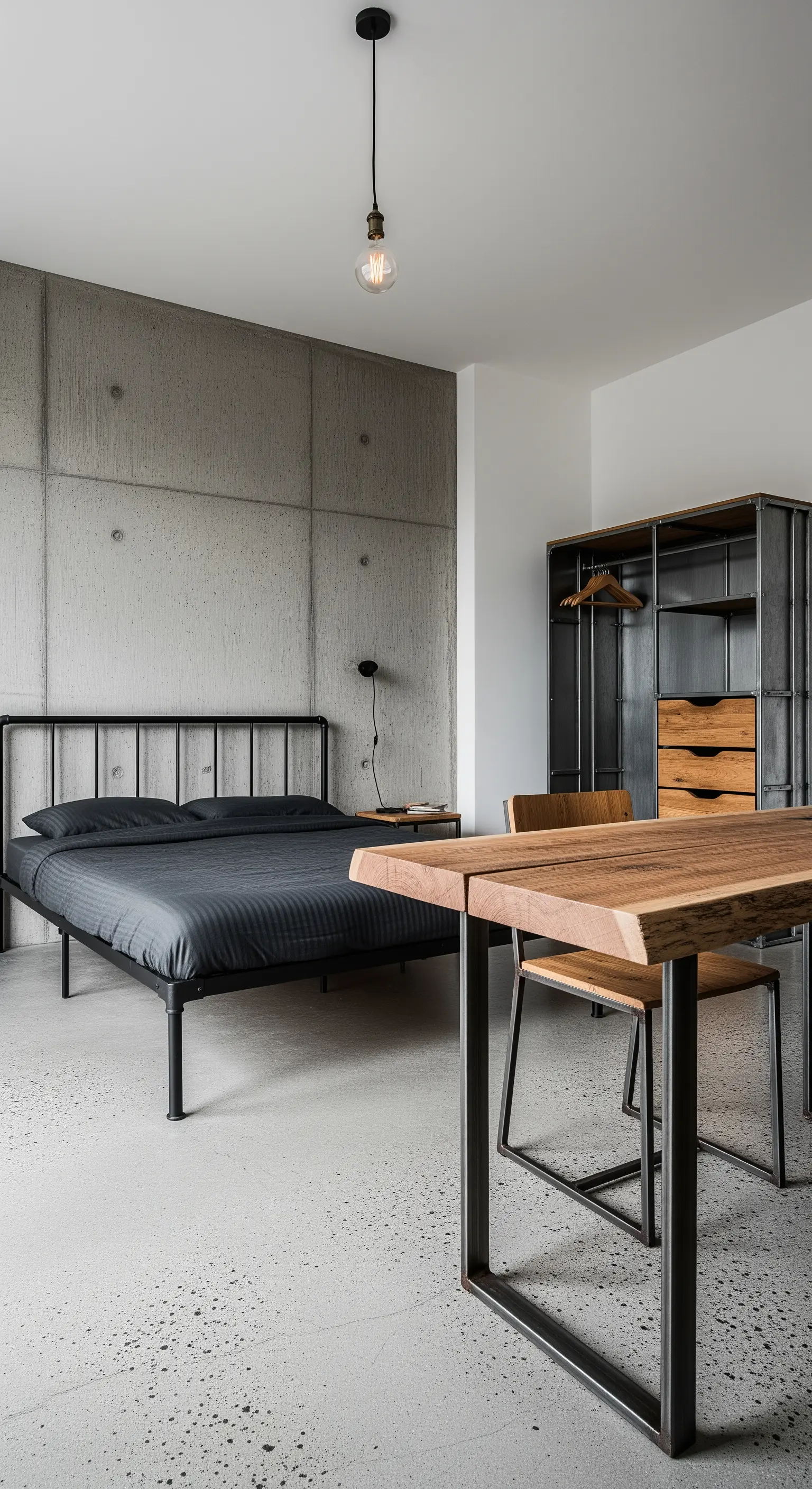 Studentenzimmer im Industrial-Stil mit Betonwand, schwarzem Metallbett und Massivholztisch.