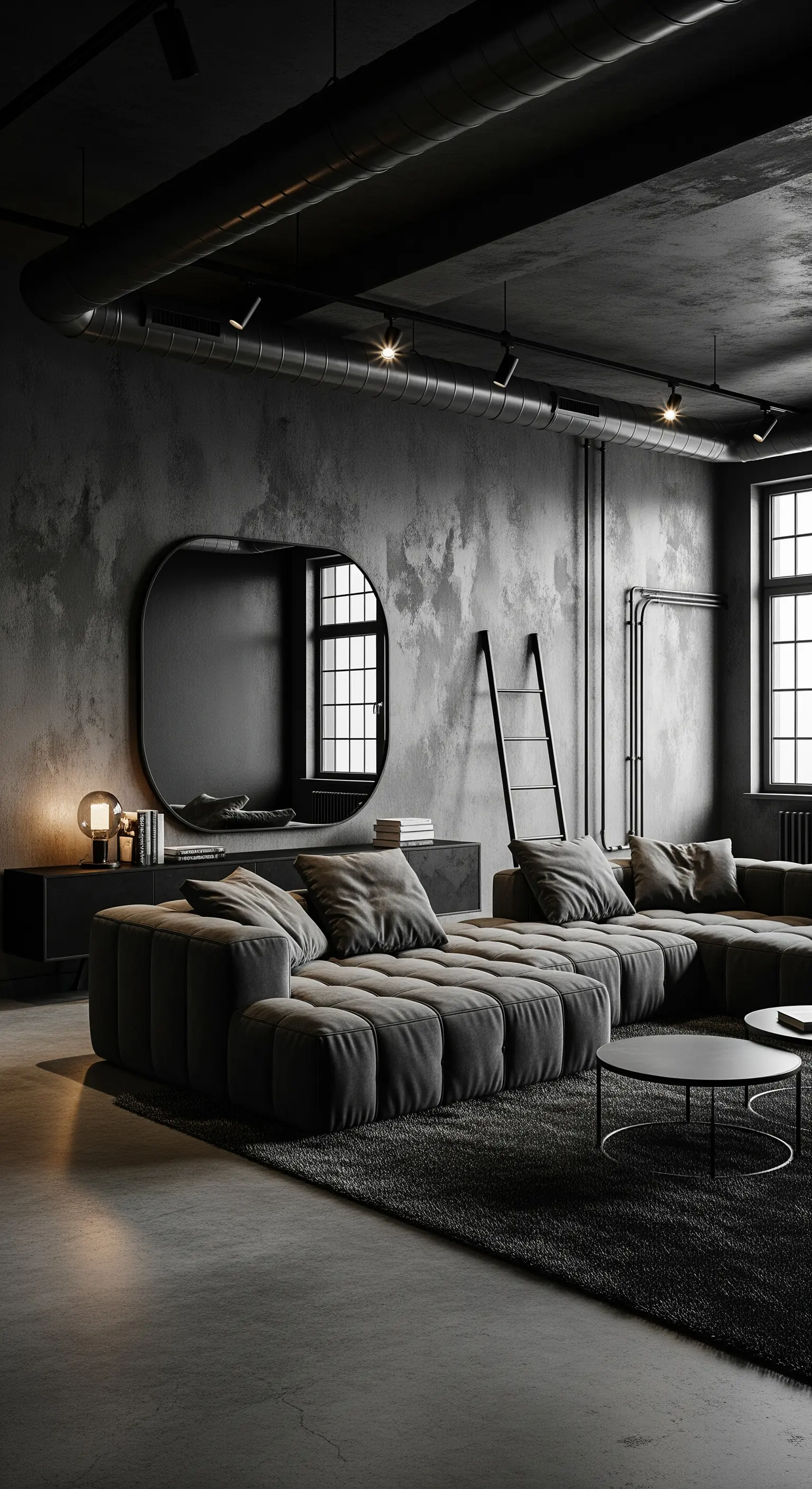 Wohnzimmer im Industrial-Stil mit Betonwänden und einem großen, grauen modularen Sofa