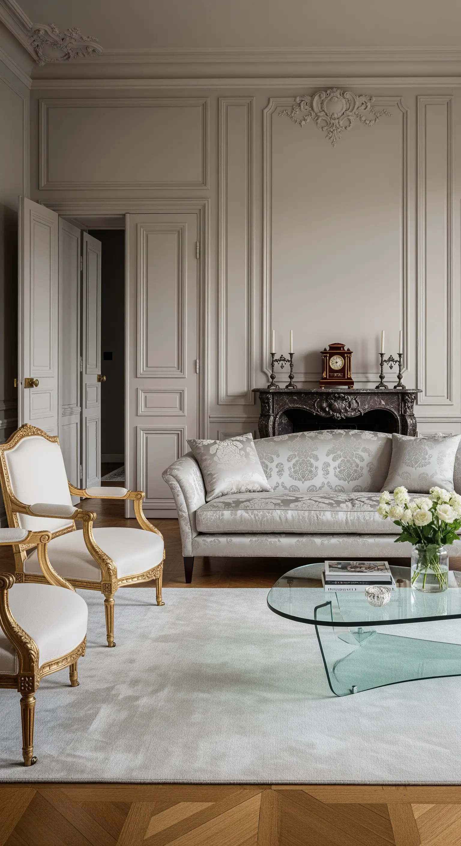 Elegantes Wohnzimmer mit klassischen Sesseln mit Goldrahmen und einem Sofa mit Damast-Muster.