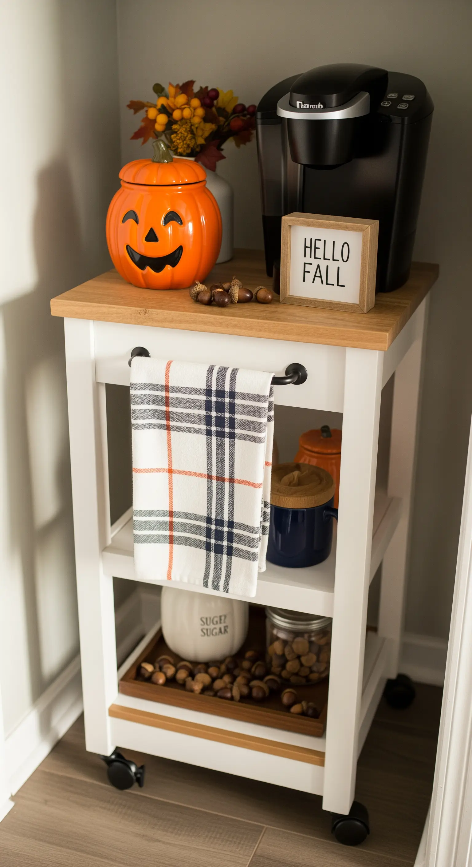 Rollbarer Kaffeewagen mit Kürbisgefäß, Kaffeemaschine, Eicheln.