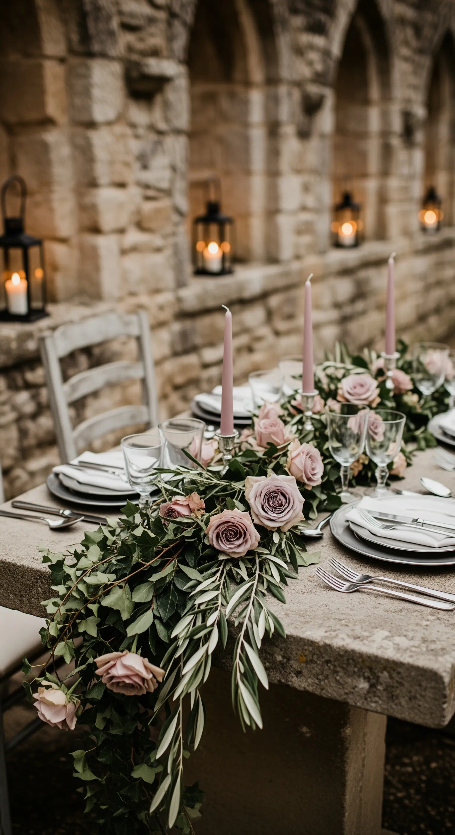 Alter Steintisch dekoriert mit einer Girlande aus altrosa Rosen und Olivenzweigen