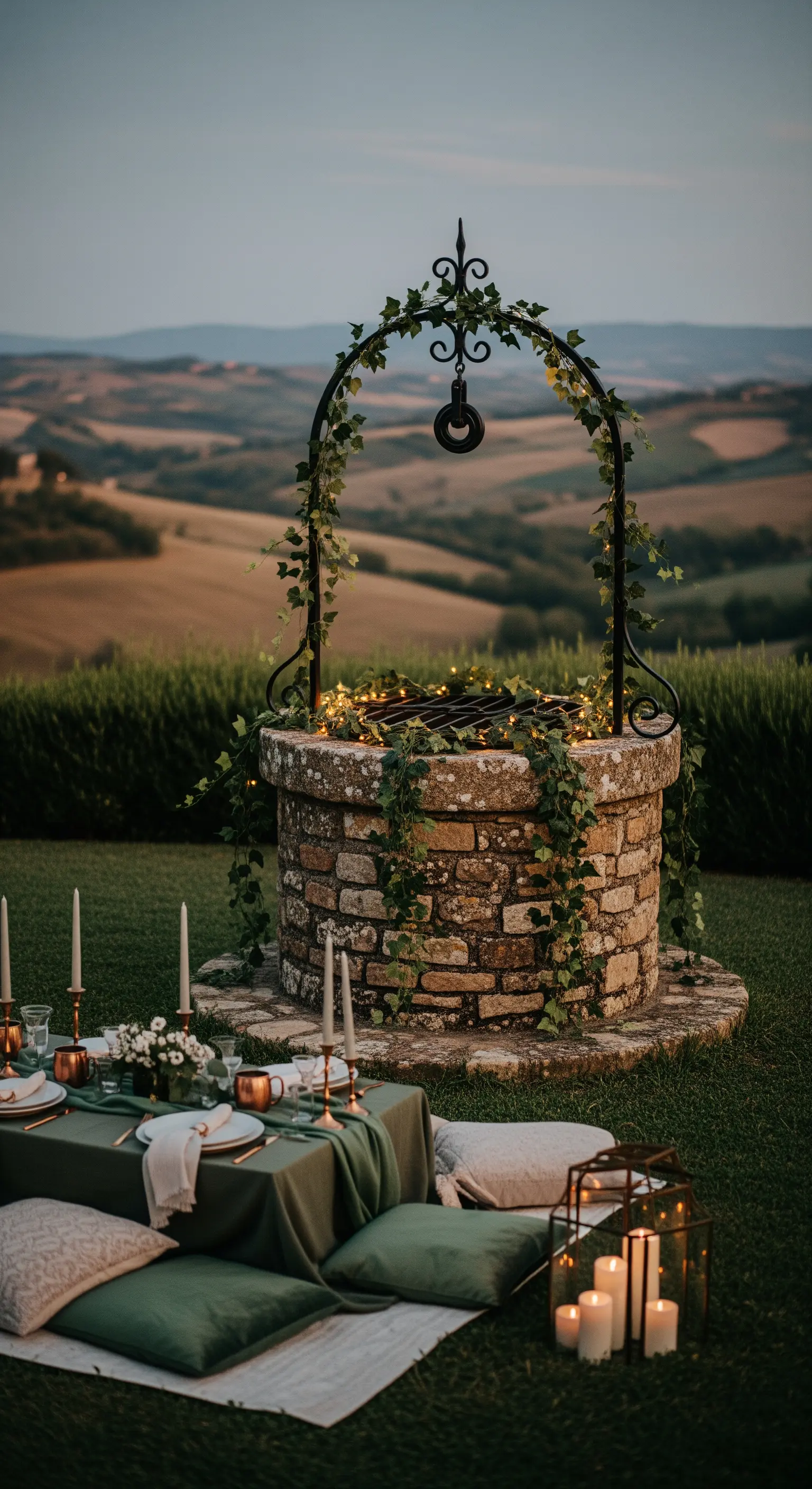 Picknick am Brunnen mit Efeu-Lichterkette, grünen Kissen und goldenen Kerzenleuchtern