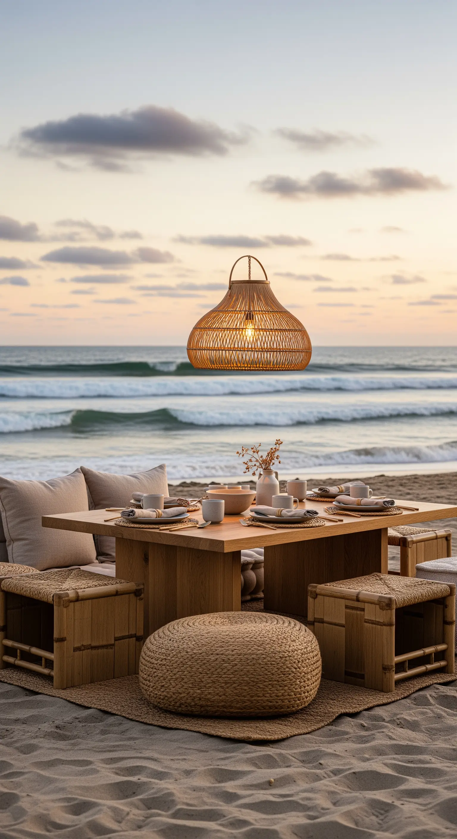 Strand-Dinner, niedriger Holztisch, Bodenkissen, Rattan-Leuchte, Sonnenuntergang