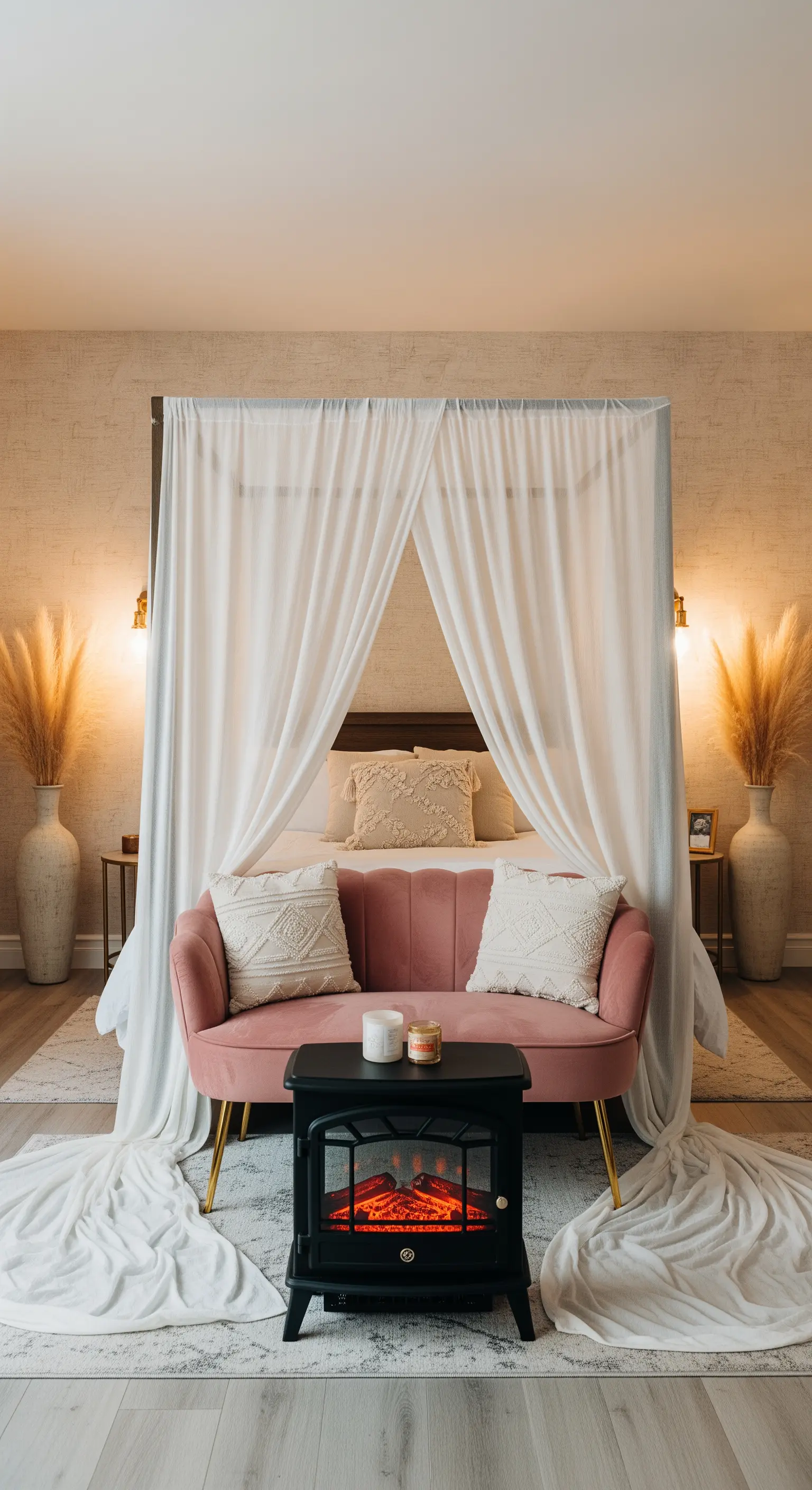 Himmelbett mit weißen Vorhängen, rosa Samtsofa am Fußende und kleinem Kamin