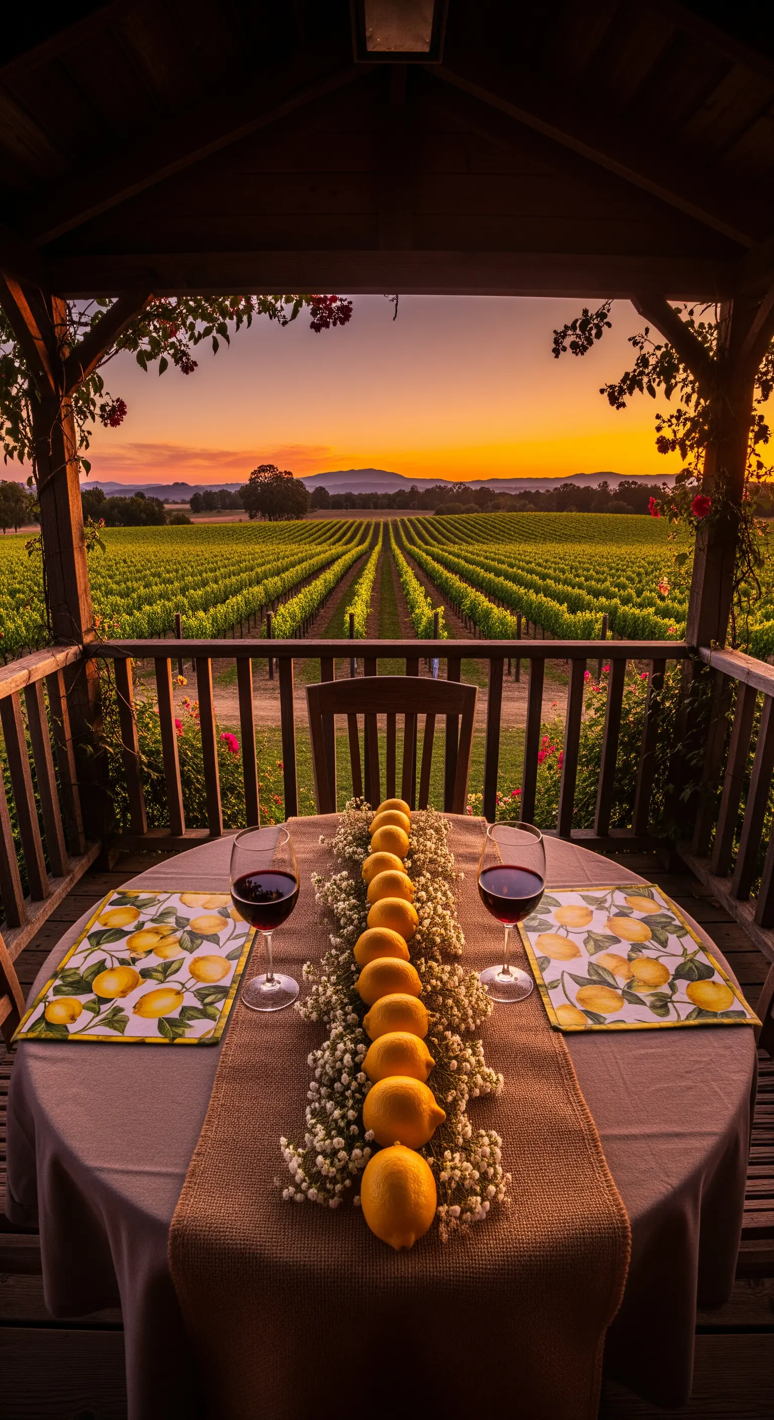 Tisch im Weinberg-Pavillon mit Zitronen- und Schleierkraut-Läufer