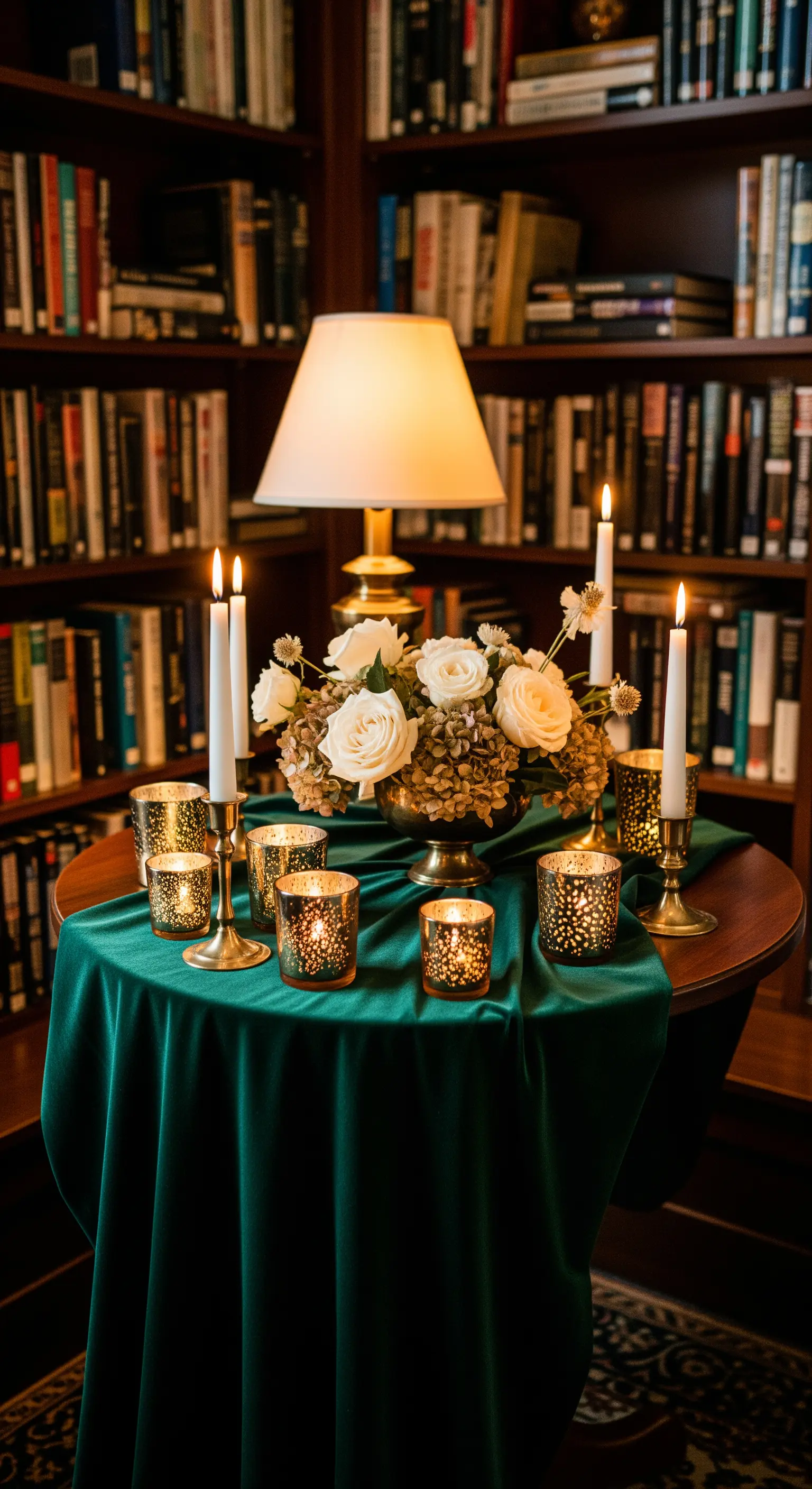 Kleiner Tisch in einer Bibliothek mit grünem Samttuch und goldenen Teelichthaltern.