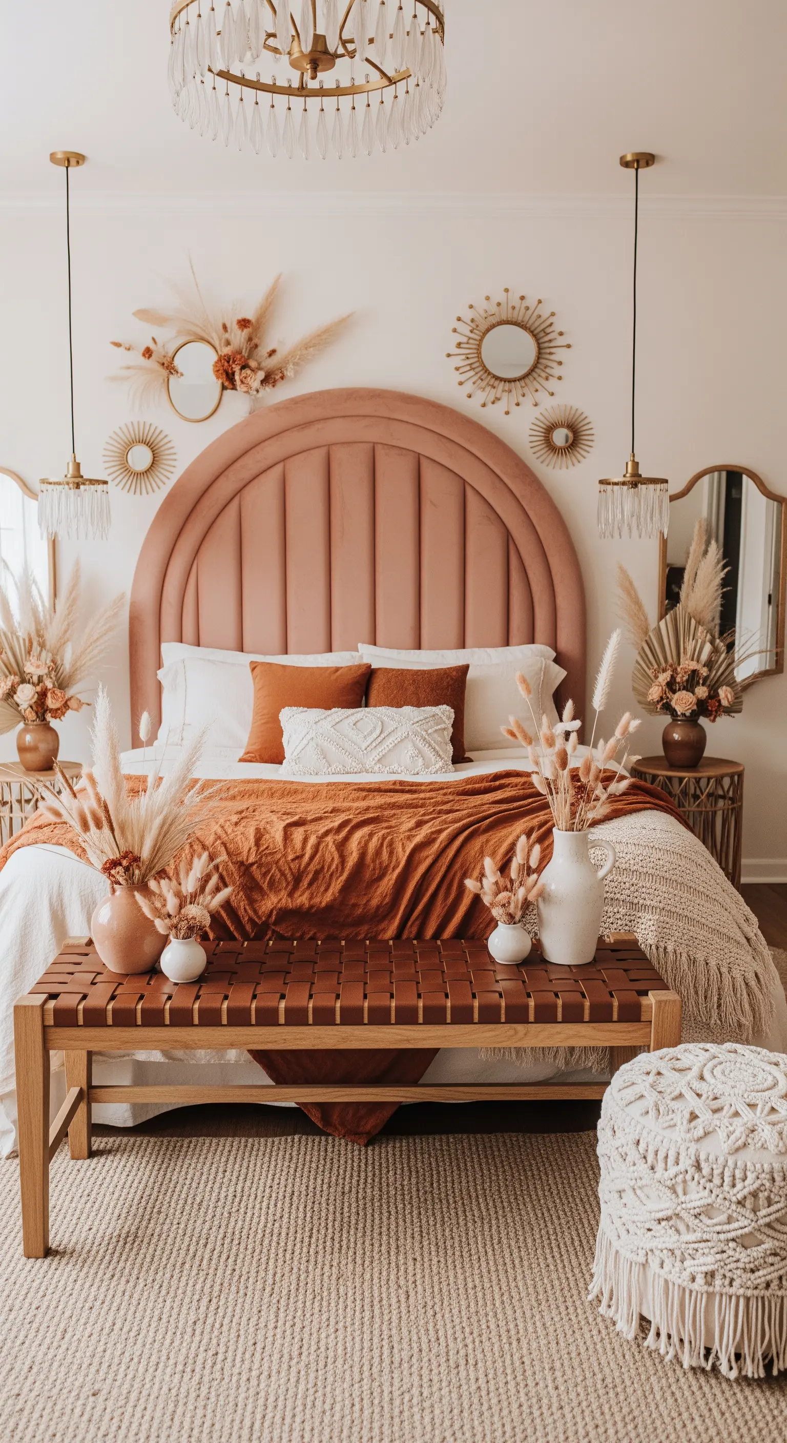 Romantisches Boho-Schlafzimmer mit einem geschwungenen Samt-Kopfteil in Altrosa und viel Pampasgras-Deko.