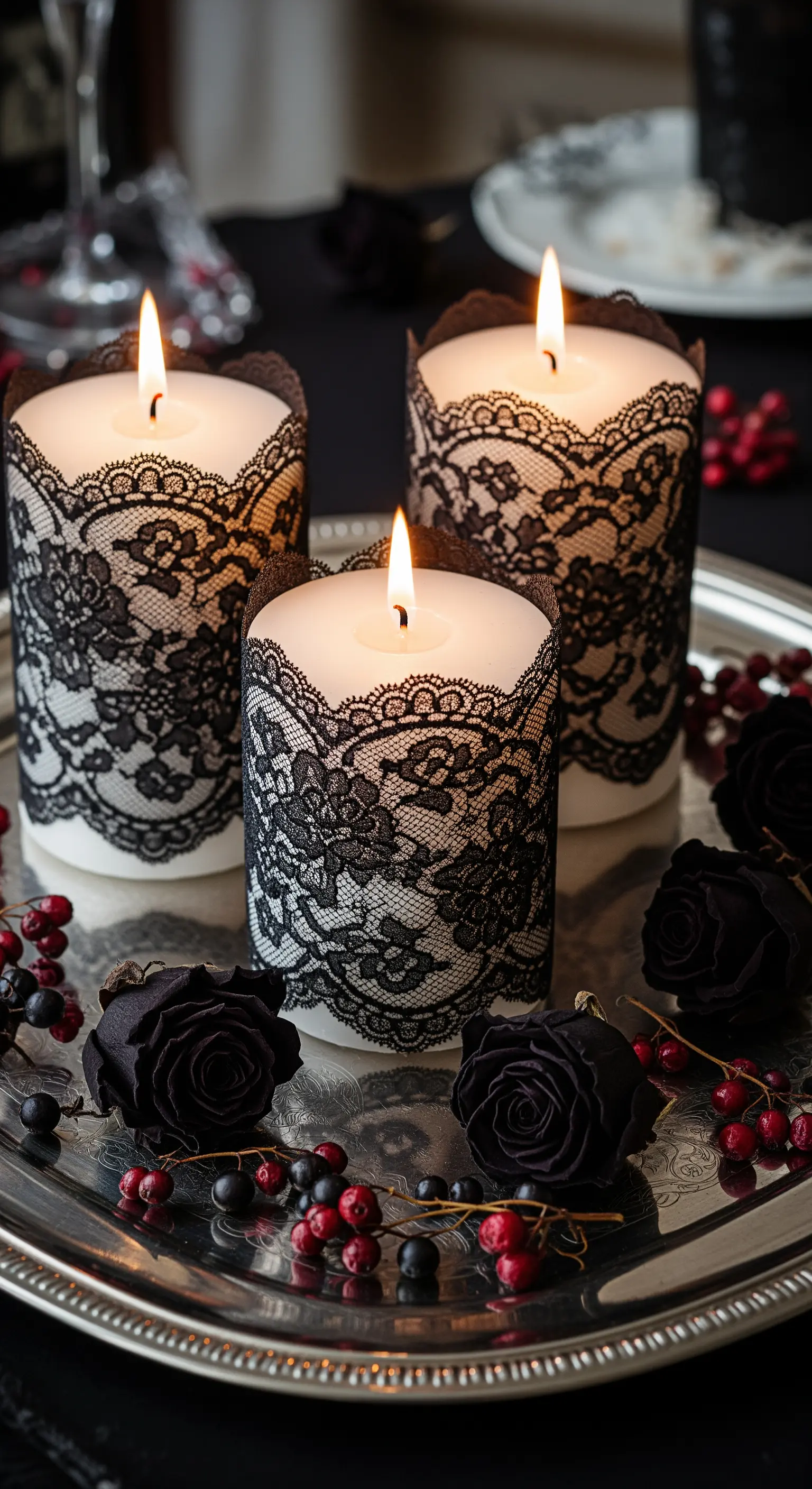 Silbertablett mit Kerzen in schwarzer Spitze, schwarzen Rosen und roten Beeren