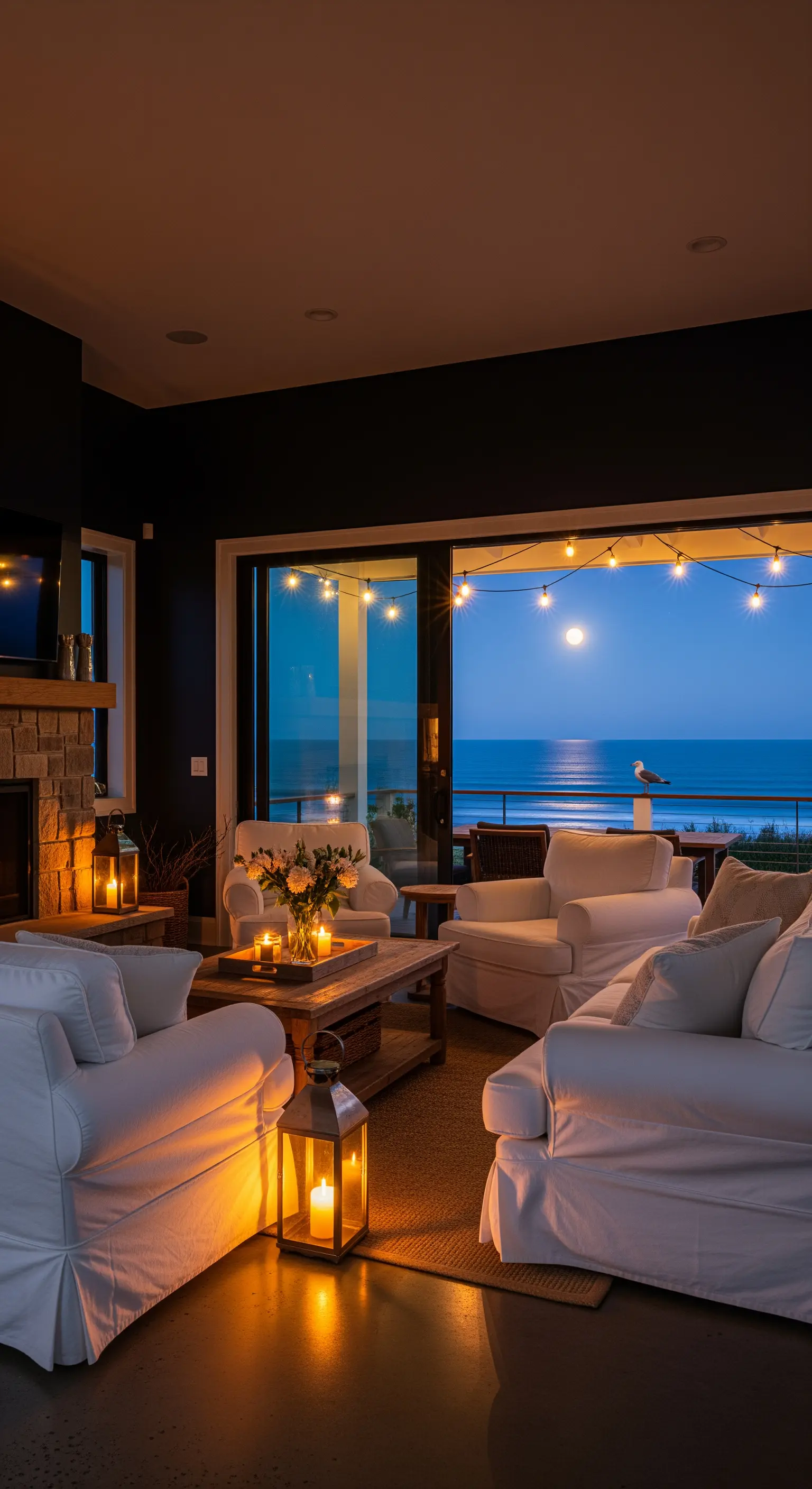 Wohnzimmer bei Nacht mit Meerblick, Laternen, Lichterketten und Vollmond.