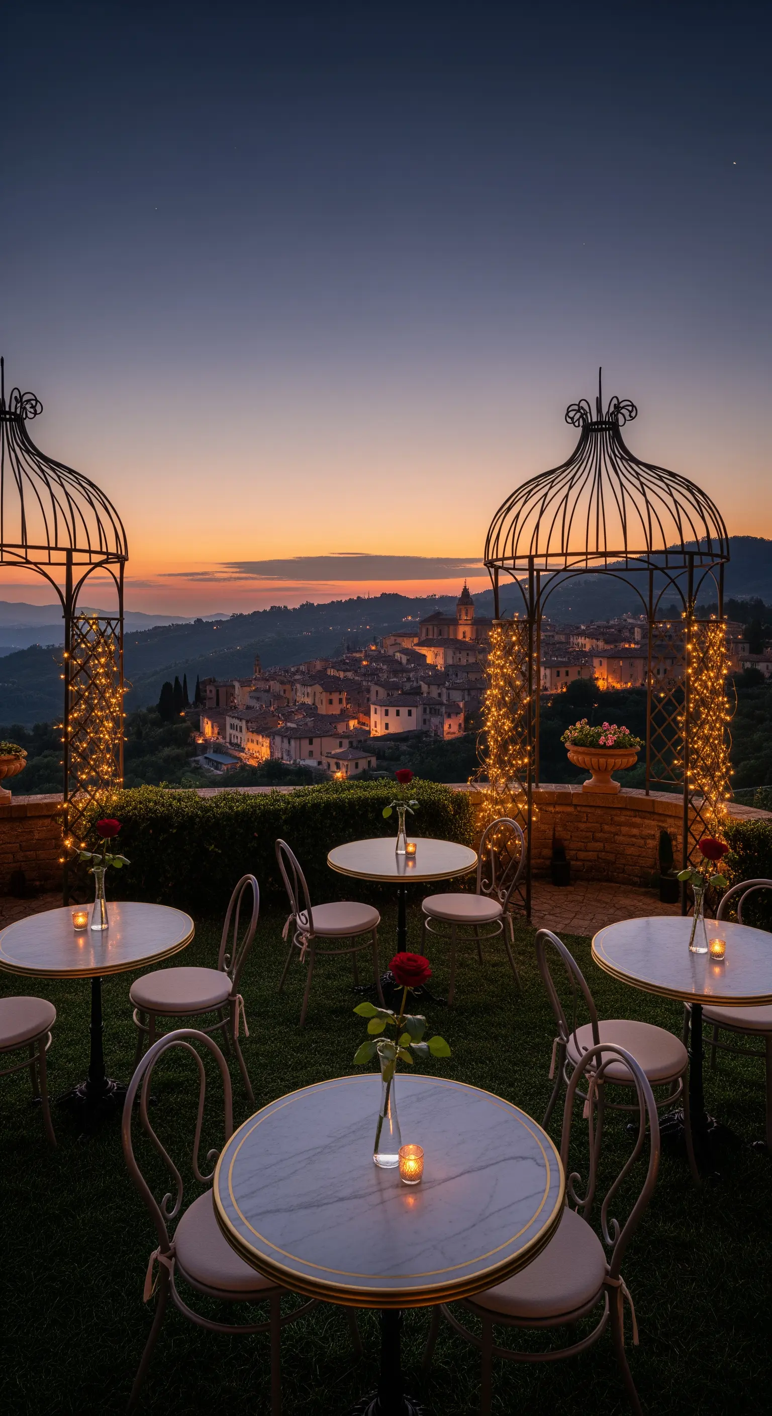 Kleine Marmortische mit Rosen und Lichterketten bei Sonnenuntergang über Toskana.